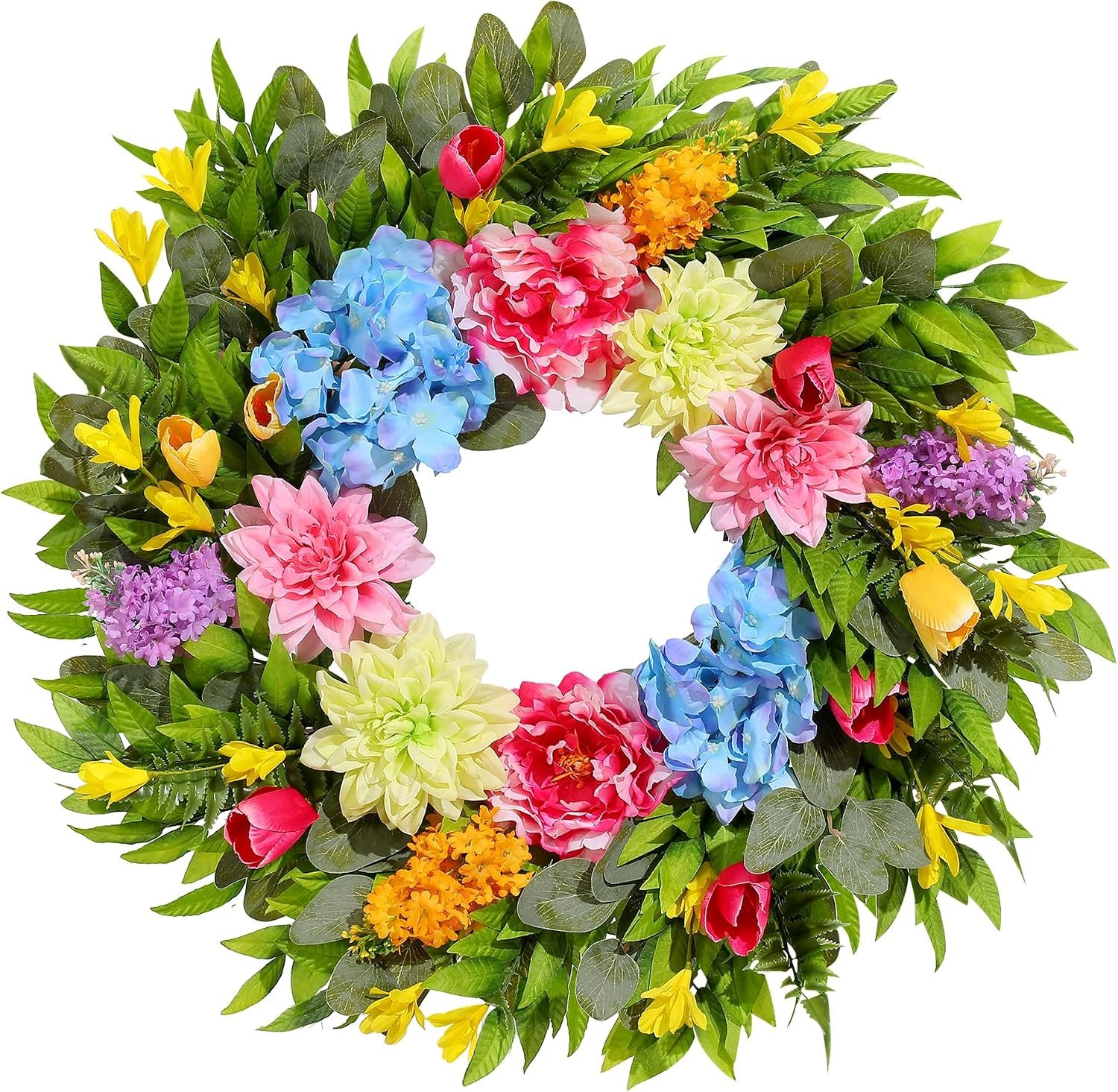 18 Inch Spring Wreaths for Front Door with Dahlias, Hydrangeas, Peonies, Eucalyptus – Artificial Spring Summer Front Door Wreath for Farmhouse, Porch, Window, Wedding, Indoor Outdoor Home Decor