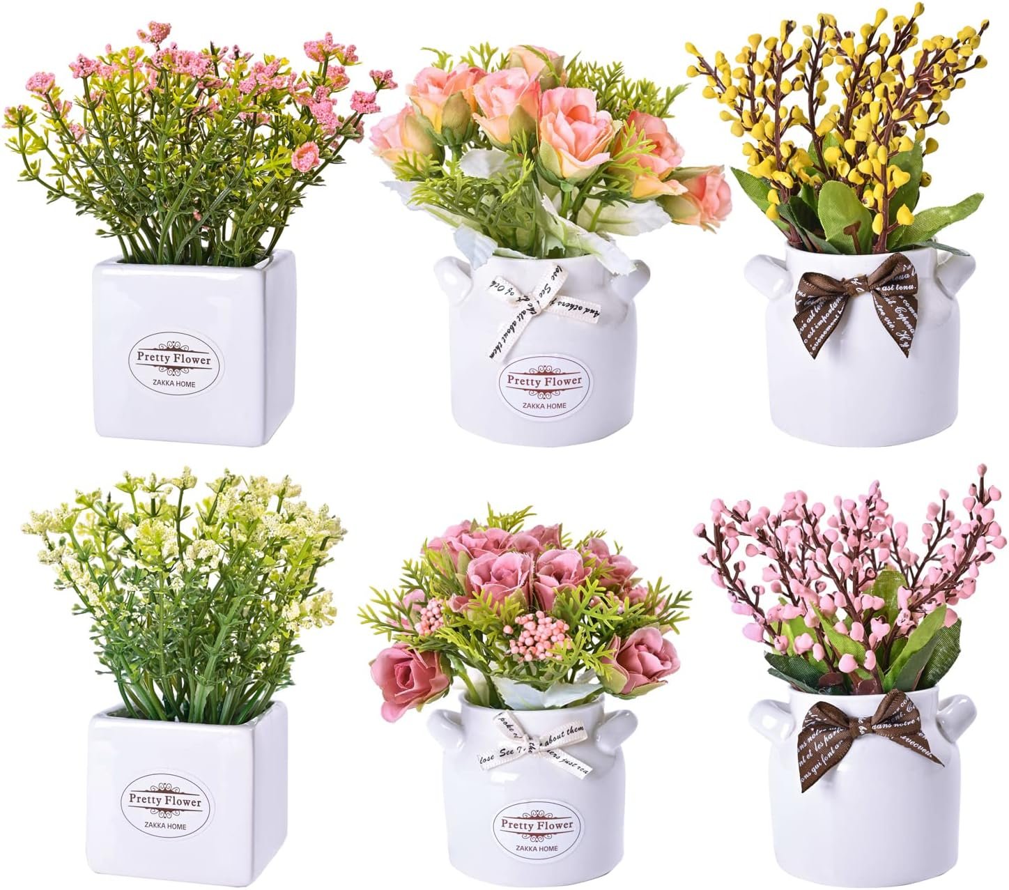 LUEUR 6Pcs Artificial Flowers with Ceramic Pot, Faux Flowers in Vase | Fake Flower Arrangements For Spring Summer Decor, Centerpiece Table Decorations for Easter Mother’s Day Home Office Shelf