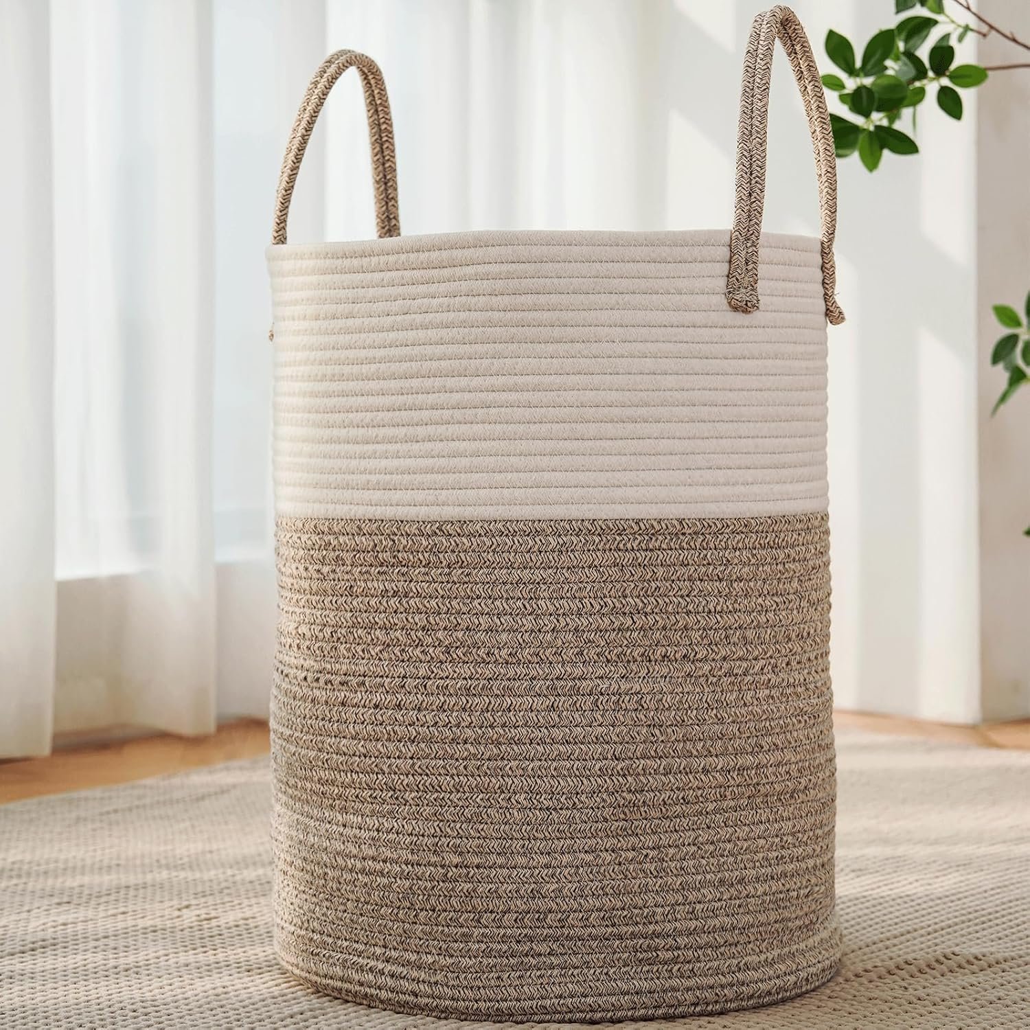 JMvicyroam 60L Cotton Rope Laundry Basket Hamper, Brown | Collapsible Laundry Basket, Reinforced Handles, Freestanding, Machine Washable, Holds 3-5 Thick Blankets, Clothes or Toys