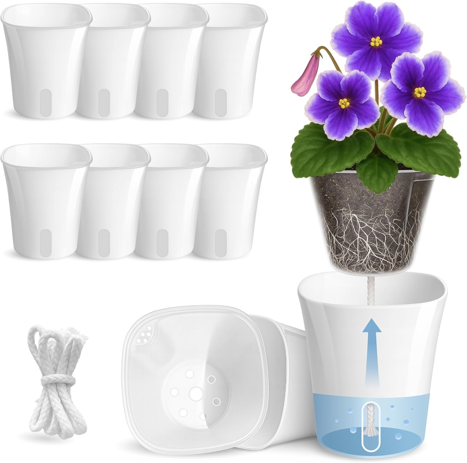 10 Pack 3″ Self Watering Pots for Indoor Plants, Clear Inner Cup, Small White Plastic Planters, Water Level Indicator, Drainage Holes, Extra 3ft Wick, Cuttings,Seedlings,Herb,African Violet