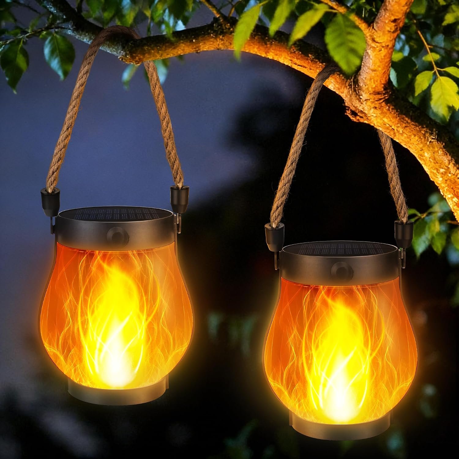 Jyoiat 2 Pack Solar Outdoor Lanterns, Dancing Flame Lights, Warm White | Auto On at Dusk with a Warm White Dancing Flame; Waterproof Hanging Lanterns Also Recharge by USB-C