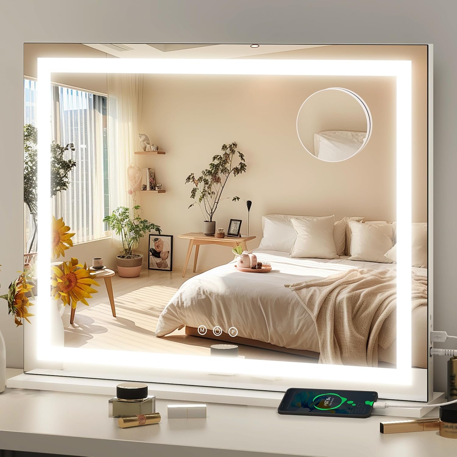 FENNIO 23″ x 18″ Vanity Mirror with Lights，LED Makeup Mirror，Hollywood Mirror with 3 Color Modes & Adjustable Brightness，Vanity Mirror Square White