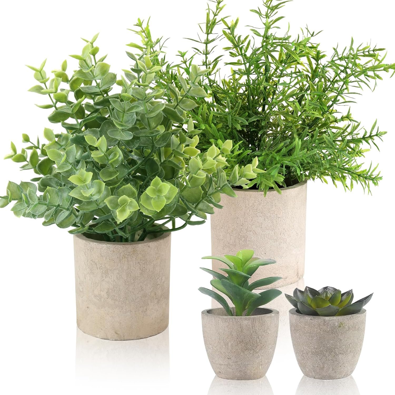ALAGIRLS 4 Pack Small Fake Plants, 10″ Artificial Plants Indoor Eucalyptus/Rosemary/Succulents, Small Faux Plants in Pulp Pot,for Farmhouse Decor, for Bathroom Bedroom Kitchen Office Living Room Decor