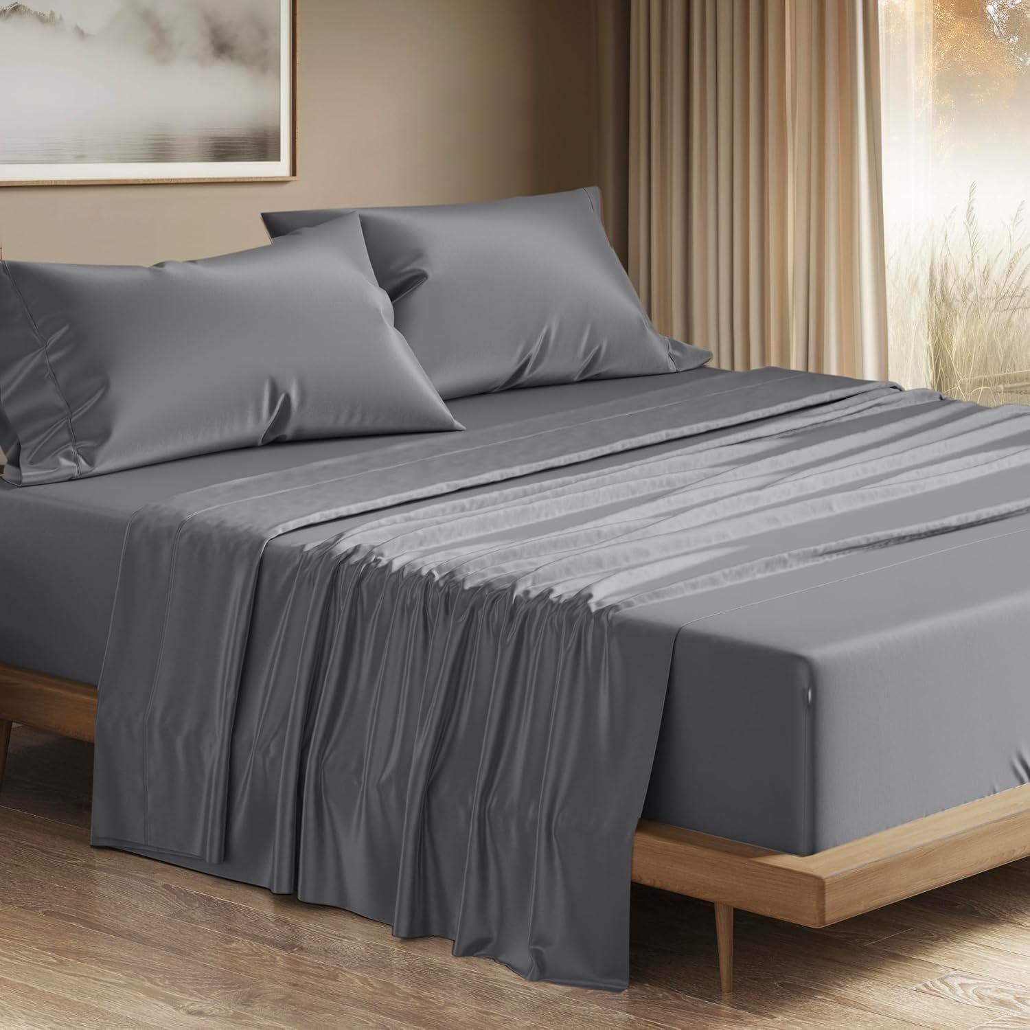 THREAD SPREAD 100% Egyptian Cotton King Size Sheets Set – Luxury 1200 Series Plush Collection Egyptian Cotton Sheets King Size (4 PC, Dark Grey), Silky Soft, Cooling, 17″ Deep Pocket Bed Set