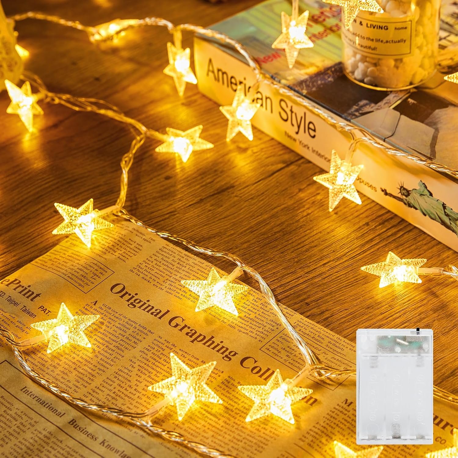Minetom Star String Lights Battery Operated – 17 ft 50 LED Star Fairy String Lights with Timer, Waterproof for Indoor Bedroom Tent Loft Bed Patio Party Wedding Ramadan Decorations, Warm White