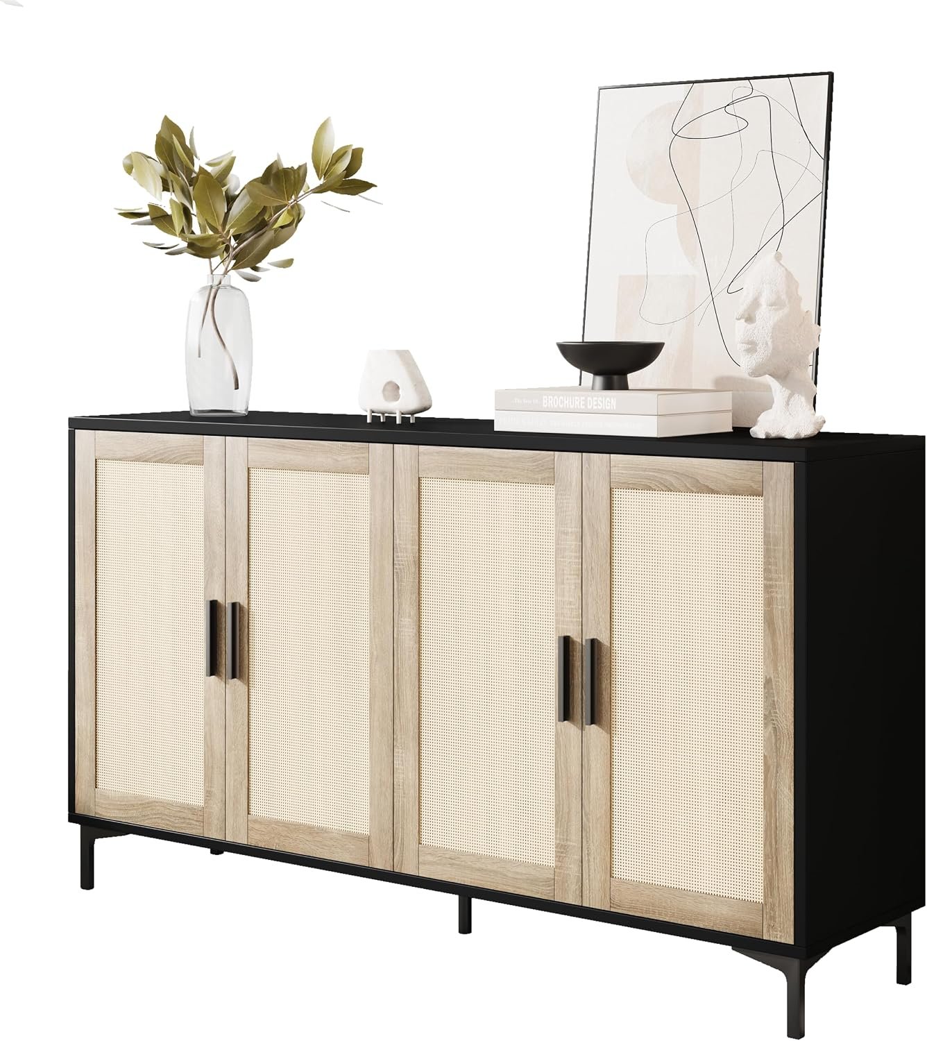 JASIWAY Sideboard Buffet Cabinet with Storage, 48″ Rattan Coffee Bar | Credenza Storage Cabinet With Doors and Shelves, Black Rattan Cabinet for Dining Room, Entryway and Living Room, Anti-Tip