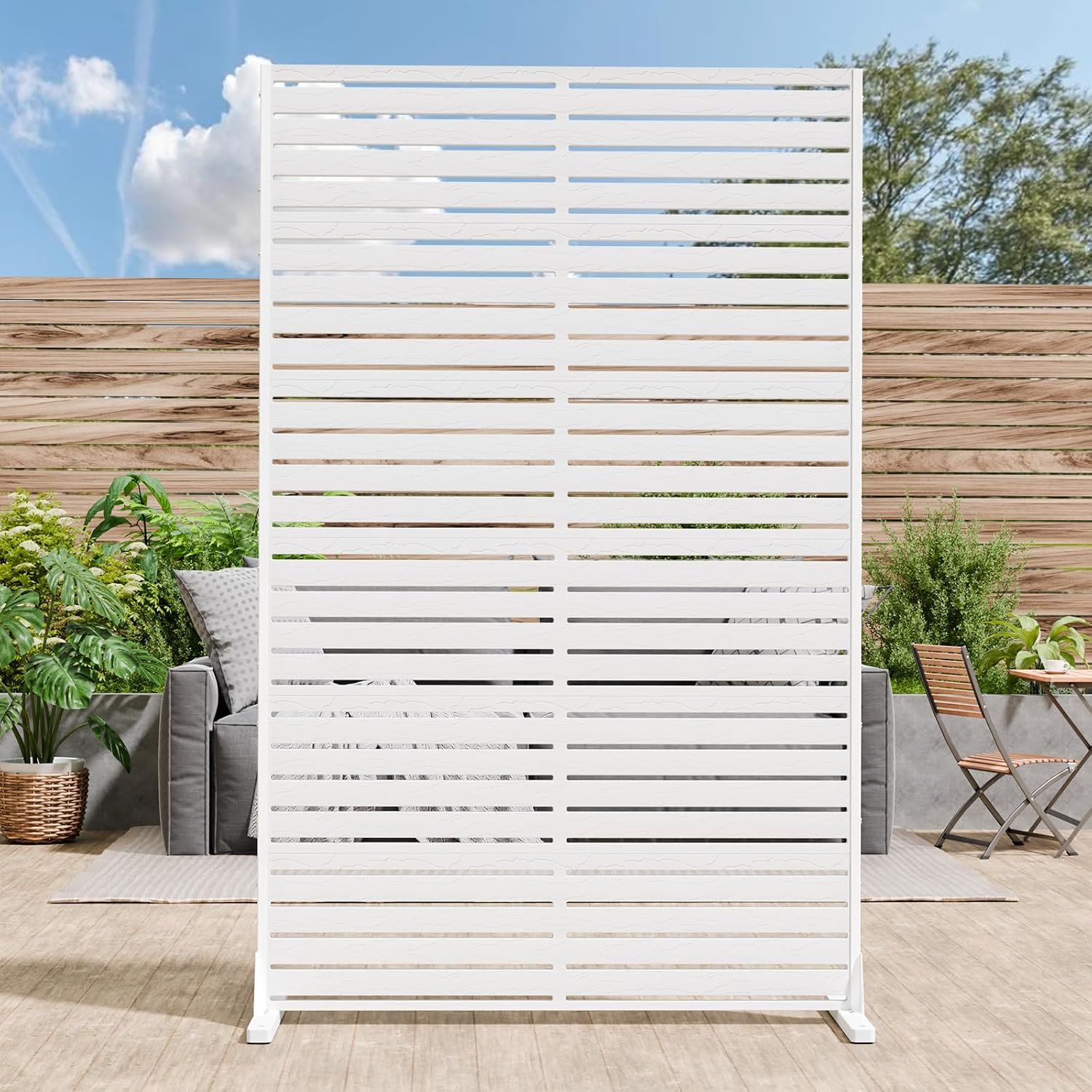 72″ Privacy Screen Outdoor Privacy Fence Panel for Balcony, White | Freestanding Privacy Panel with Stand, HDPE Decorative Privacy Fence with Louver Pattern