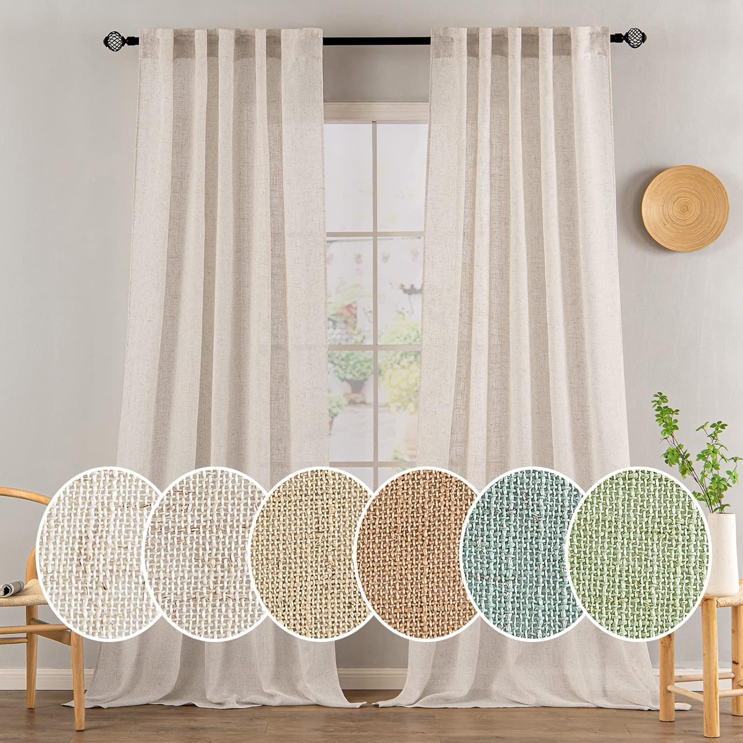 MIULEE Natural White Linen Curtains 52×90 Inch Long 2 Panels for Bedroom | Soft Thick Linen Textured Window Drapes, Semi Sheer Light Filtering, Rod Pocket Back Tab, Farmhouse Cream Ivory