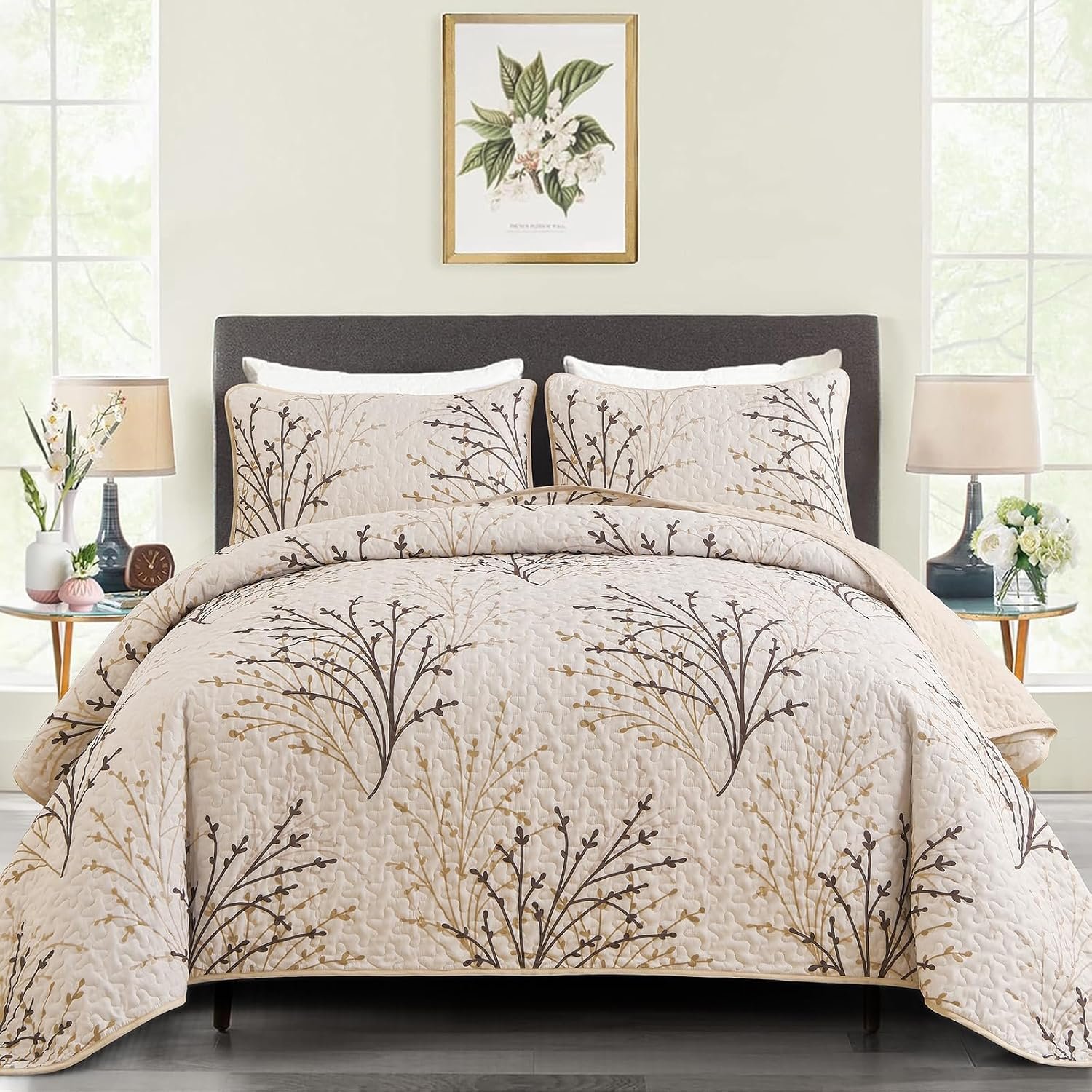 DJY Queen Size Quilt Set Beige Branch Botanical Bedspread Coverlet Set, 3 Pieces Khaki Beige Floral Quilt Bedding Set, Soft Lightweight Summer Bed Cover for All Season(96”x90”)
