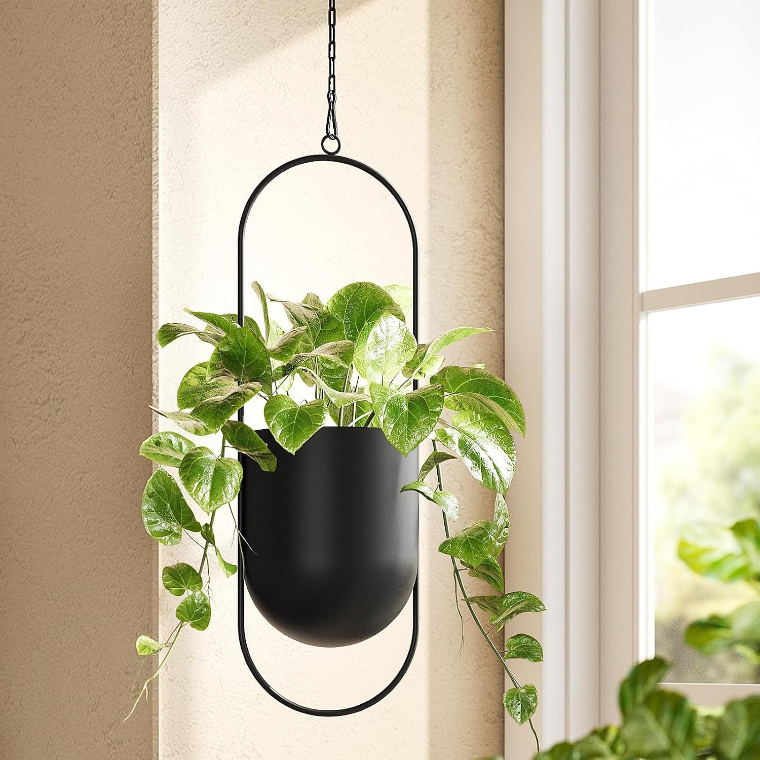 Bamworld Black Hanging Planters for Indoor Outdoor Plants Metal Hanging Pot | 5.5 Inch Modern Hanging Baskets, Window Plant Hanger, Ceiling Hanging Flower Pots with Chain for Wall Decor, Oval