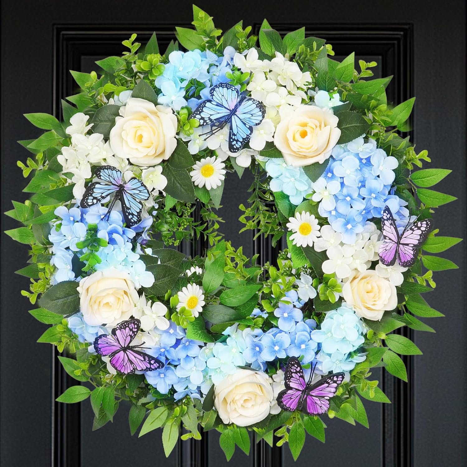 [Lighted & Timer] 24″ Spring Summer Wreaths for Front Door Blue Hydrangea Wreath with Lights Butterfly Rose Daisies Artificial Floral Wreath for Home Wall Window Farmhouse Wedding Indoor Outdoor Decor