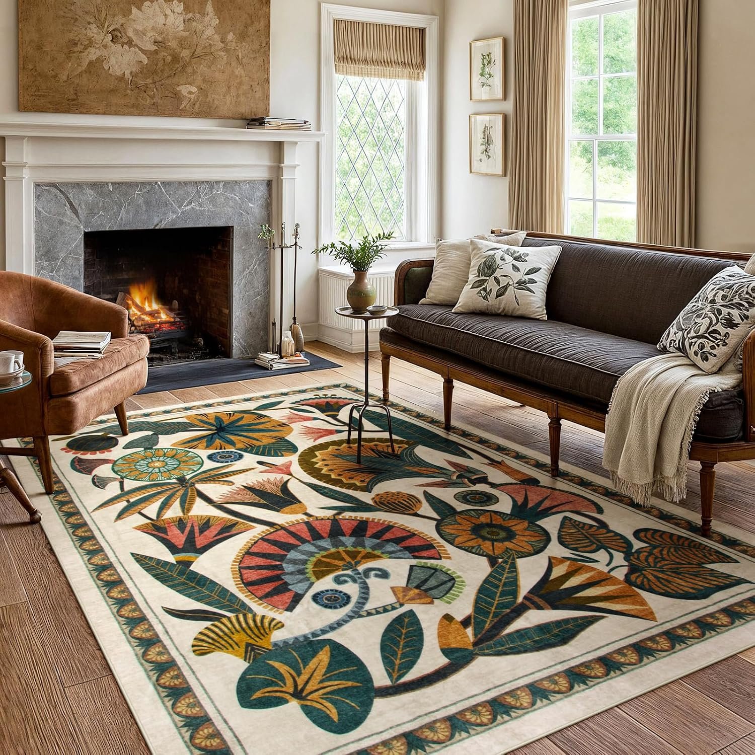 Zealude Egypt Floral Washable Area Rugs for Living Room 5×7 Boho Large Vintage Beige Bedroom Dining Room Rug,Non Slip Soft Throw Carpet for Entryway Kitchen Office Hardwood Playroom (5 x 7)