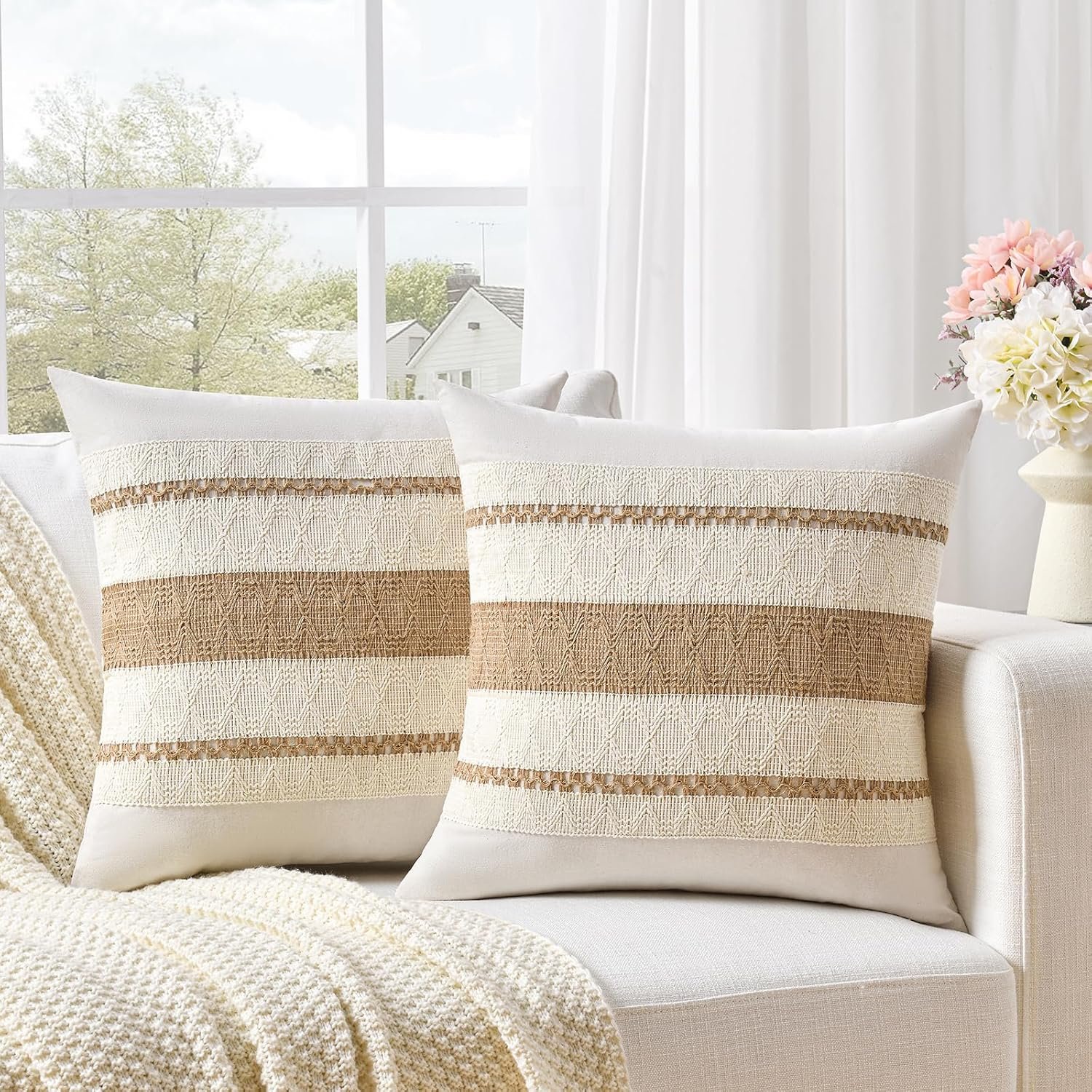 Fancy Homi Set of 2 Boho Neutral Decorative Throw Pillow Cover 18×18 Inch for Couch Bed Sofa, Aesthetic Modern Organic Farmhouse Home Decor, Soft Cotton Cute Accent Macrame Woven Tan Cushion Case