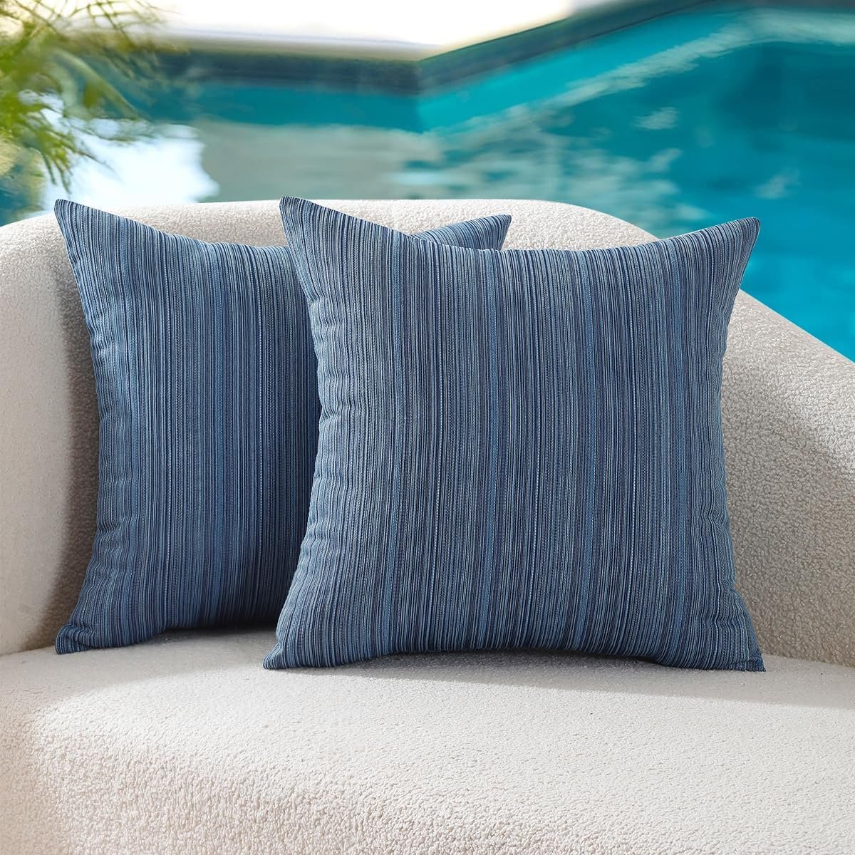 VAKADO Waterproof Blue Stripe Outdoor Throw Pillow Covers 18×18 Set of 2 | UV Fade Resistant Chenille Stripe Patio Pillow Cushion for Furniture Decorative Porch Couch for Garden Bench