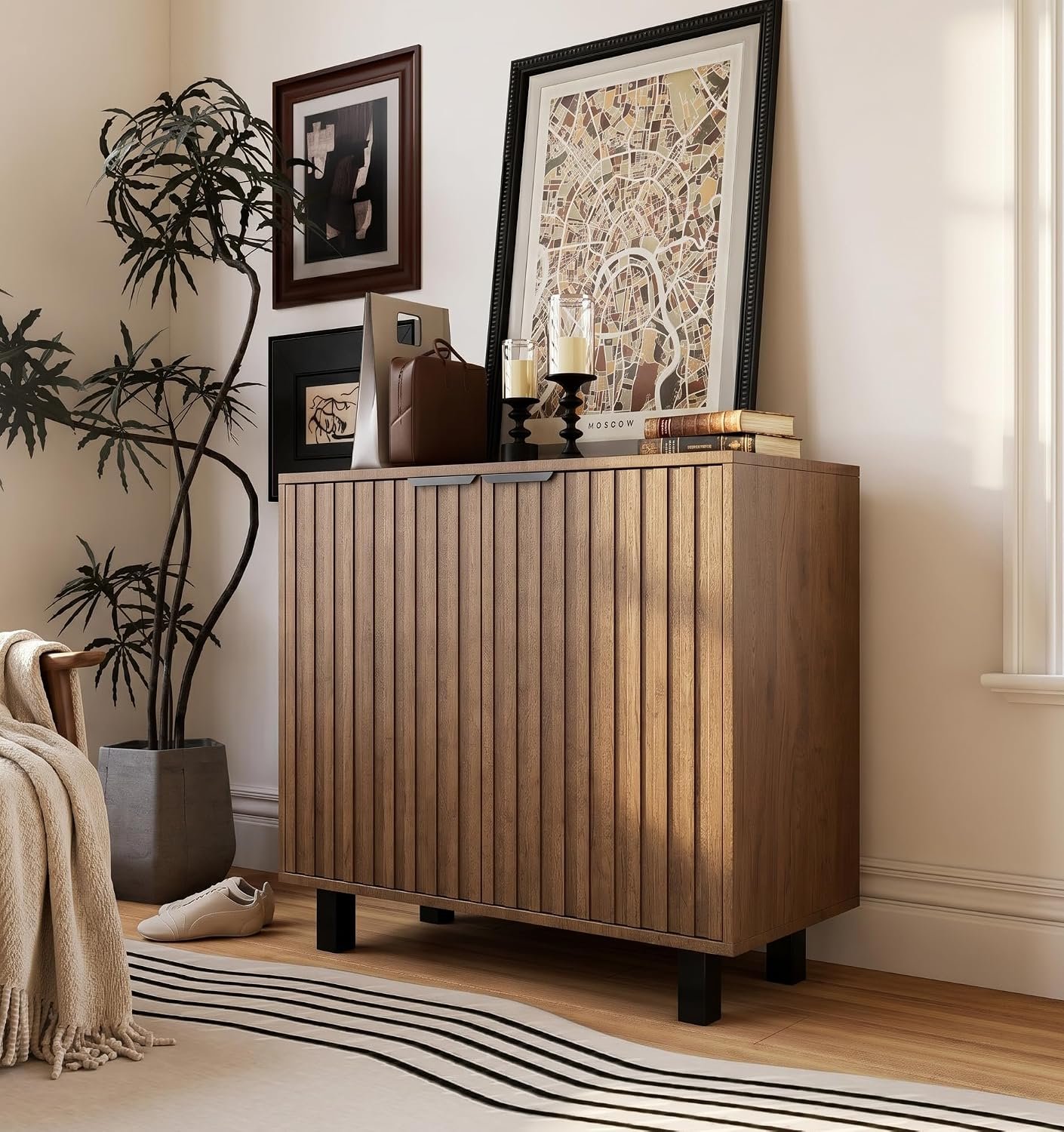 Sideboard Buffet Cabinet Storage for Entryway with Doors, Modern Fluted Shoe Organizer with Adjustable Shelves, Freestanding Hidden Shoe Rack with Black Metal Legs for Front Door Entrance, Living Room