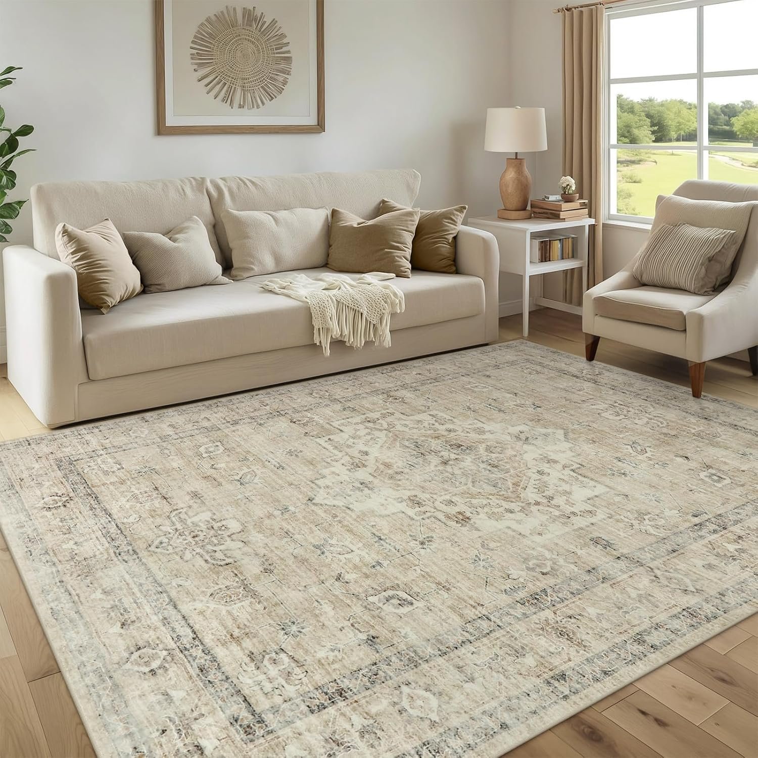 LIVEBOX Washable Area Rug 8×10 Rugs for Living Room Bedroom, Non-Slip Boho Neutral Carpet for Dining Room Office, Low-Pile Farmhouse Soft Carpets for Kids Nursery Room Playroom, Tan