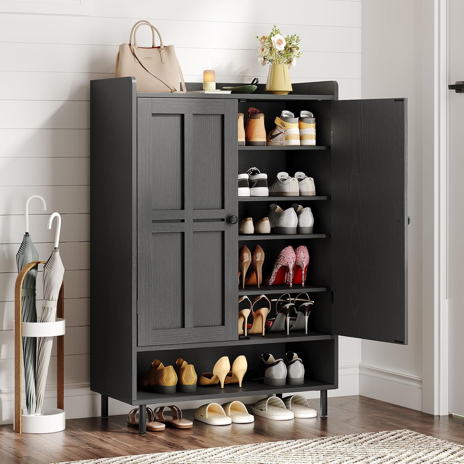 Shoe Cabinet with Cross Molding Doors, 6-Tier Shoe Storage(Black) | 18-24 Pairs Shoe Storage Cabinet with 3 Adjustable Shelves & Metal Legs, 45 Inch Tall Shoe Organizer for Entryway, Front Door