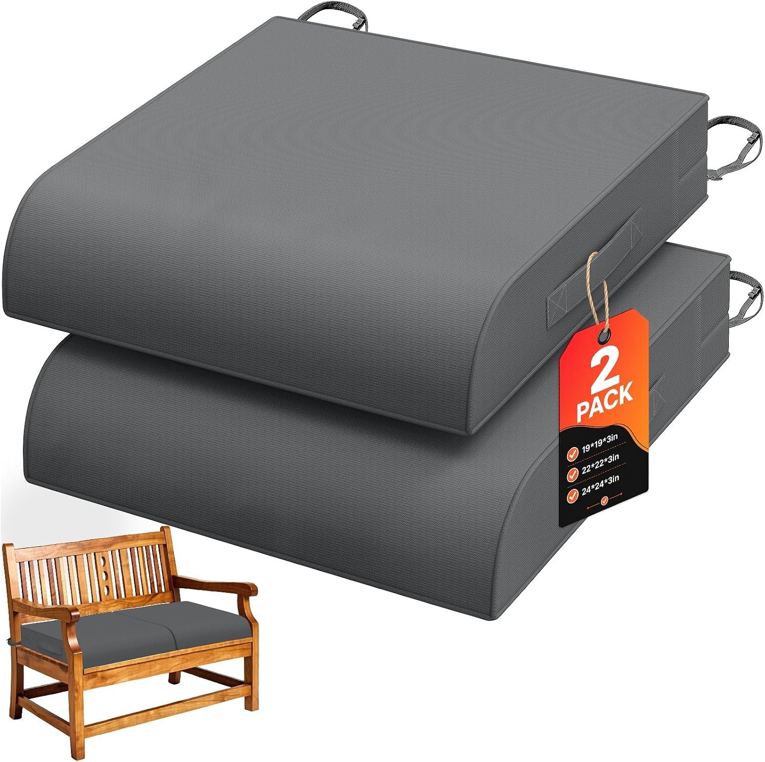 TasticTotes 19 x 19 x 3 Inch Outdoor Patio Chair Cushions Set of 2, Grey | Waterproof Outdoor Seat Cushions with Adjustable Straps & Handles, Fade-Resistant dinning Pads for Outdoor Furniture, Garden