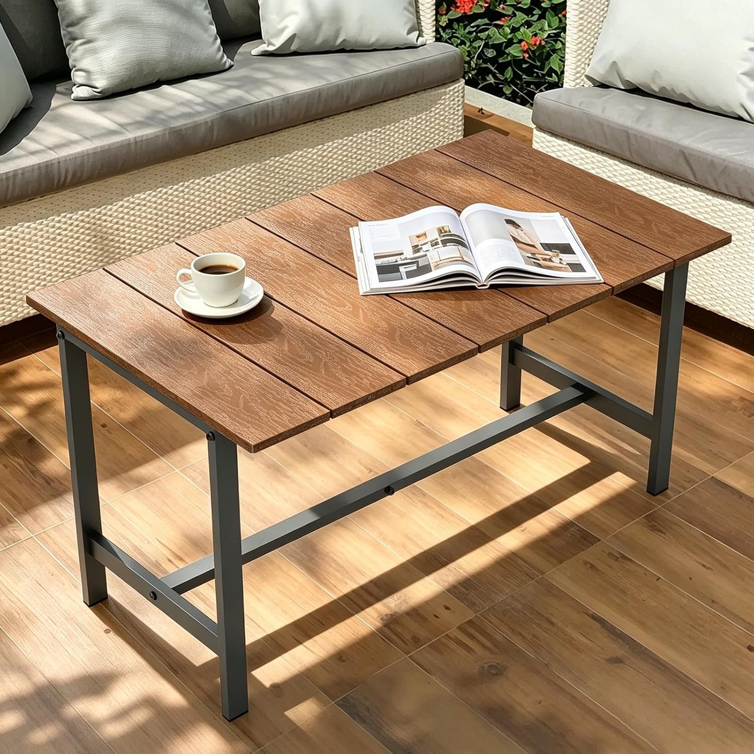 Outdoor Coffee Table, 33.4″L x 17.3″W x 18.1″H Rectangle Weather-Resistant Patio Coffee Table, Metal Heavy-Duty Frame Coffee Side Table, Waterproof for Garden, Porch, Balcony, Deck, Poolside, Brown