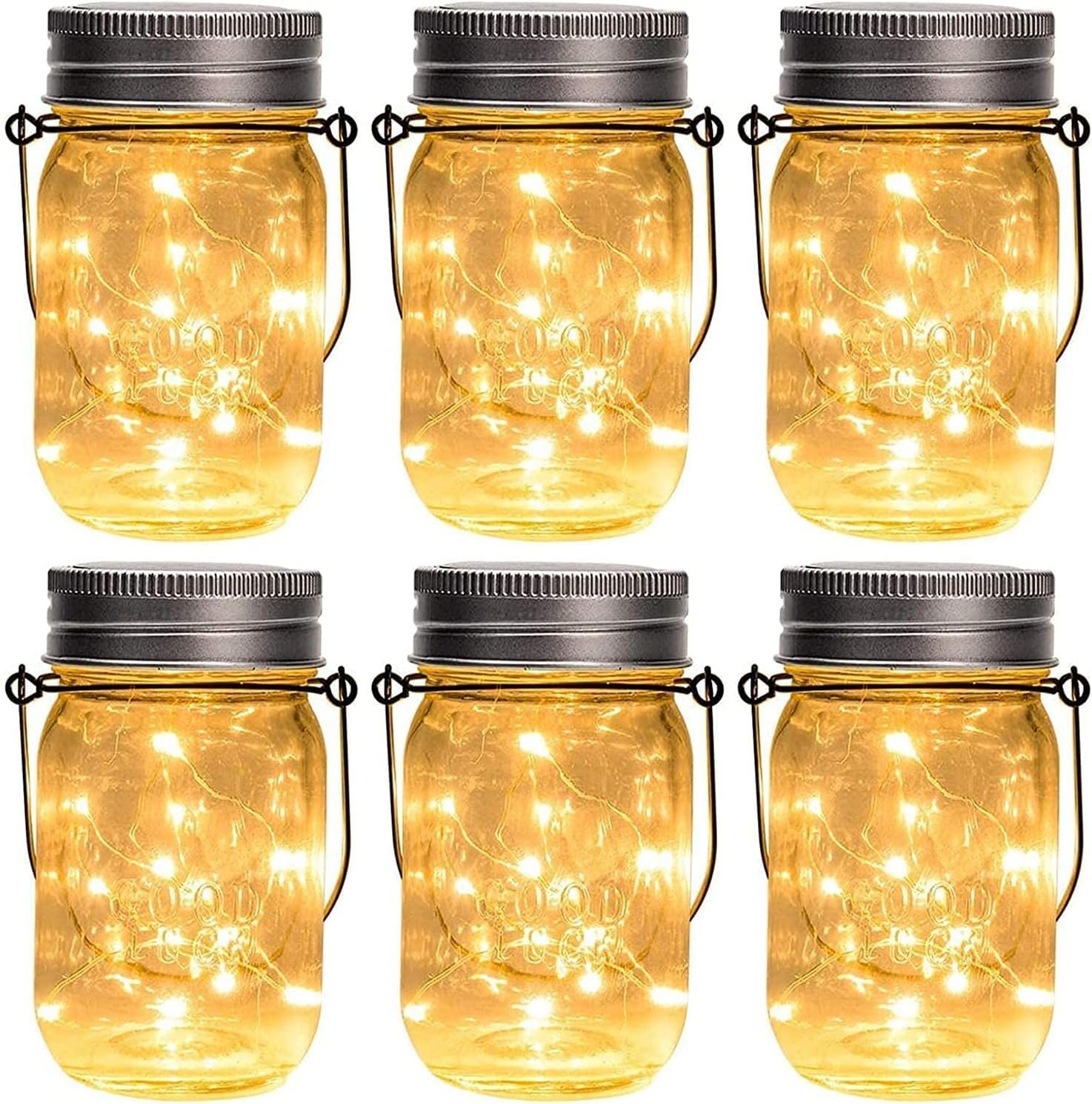 GIGALUMI Hanging Mason Jar Solar Lights, 6 Pack 30 Led Hanging Lantern | Solar Lanterns Outdoor Waterproof, Hangers and Jars Included, Outdoor Decor for Balcony, Garden, Patio, Yard, Wedding
