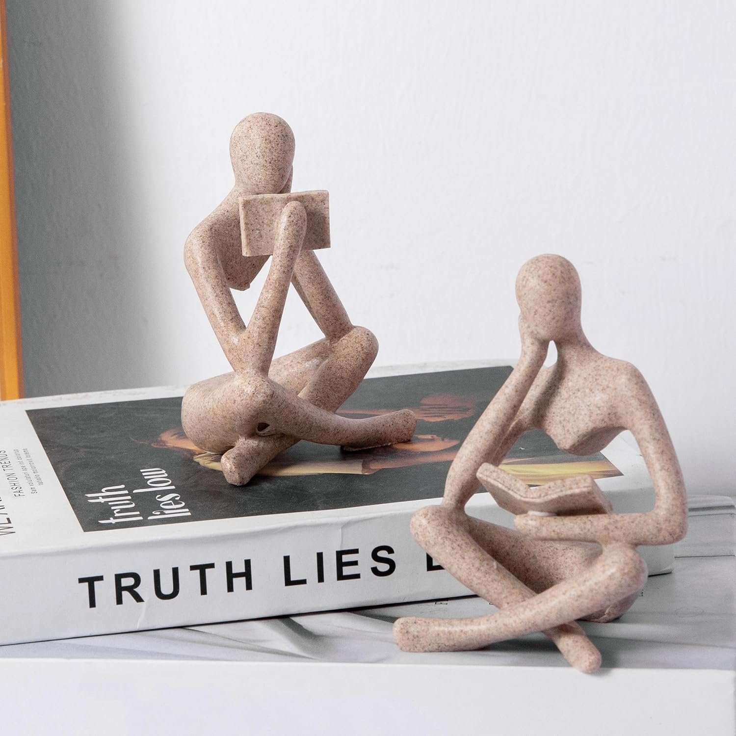 Abstract Reading Thinker Statue for Book Shelf Office, Sandstone,set of 2 | Sculpture Ornament for Living Room Floating Shelf Office Desk Decoration,Modern Decor Gift for reading Lover parents Friend