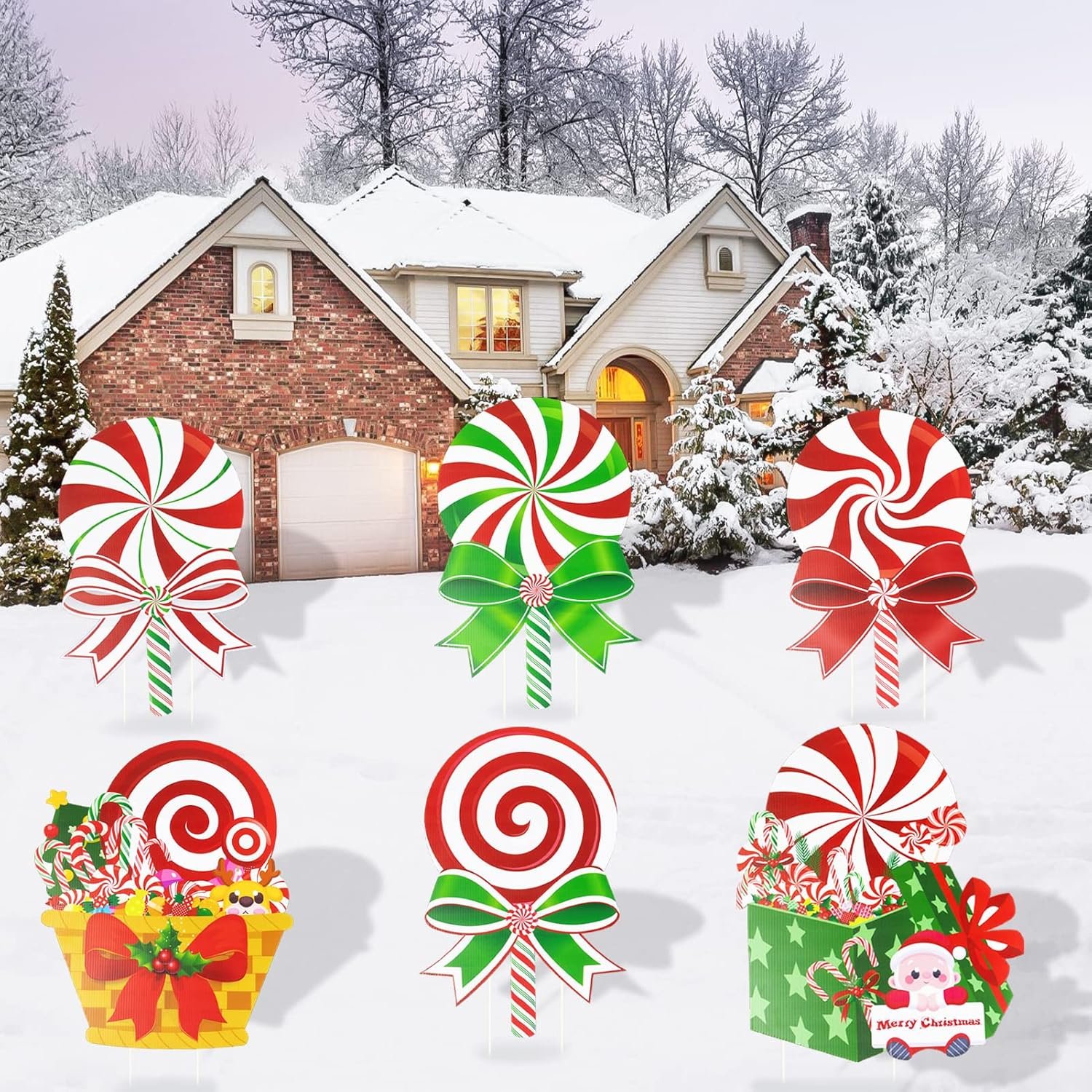 Candy Christmas Decorations Outdoor Yard Signs with Stakes | 6Pcs plastic peppermint lollipop candy for winter holiday, outside pathway lawn decor
