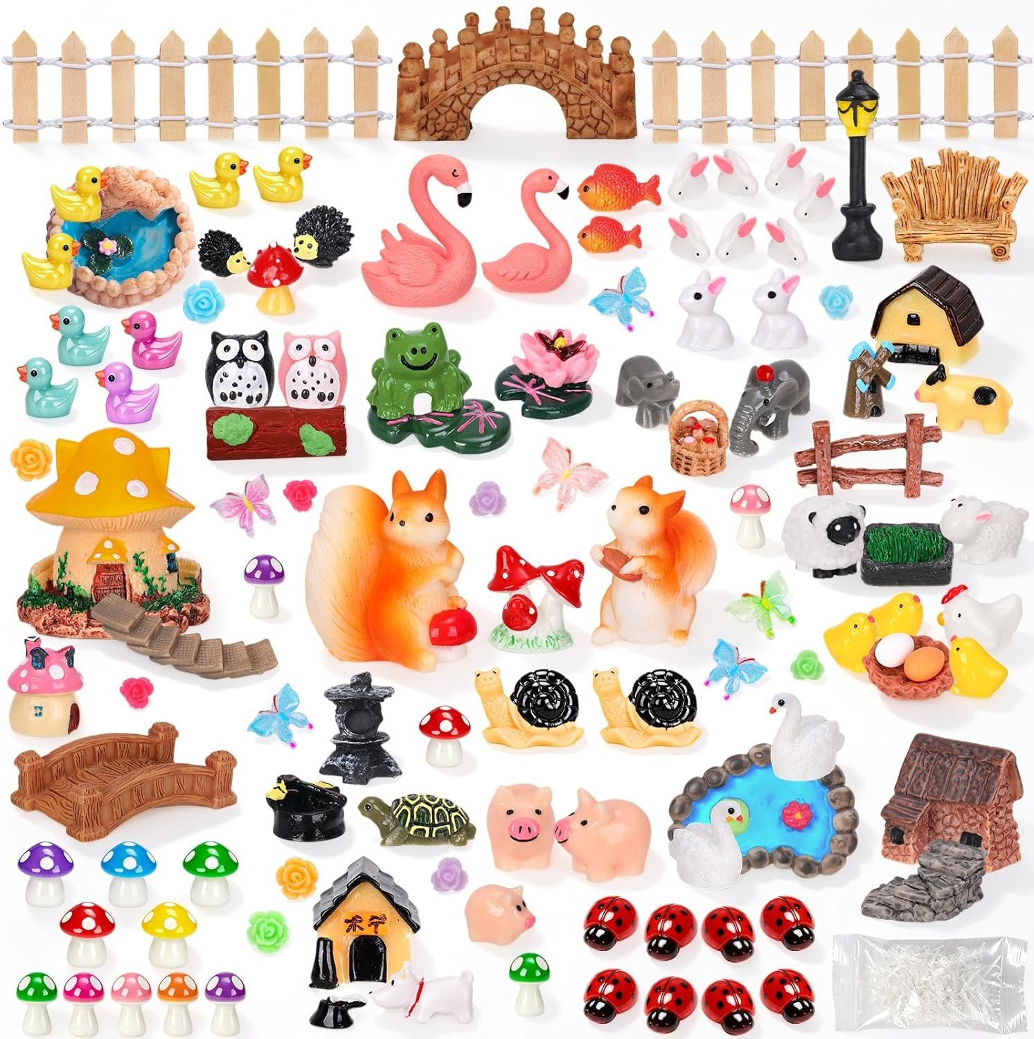 160 Pcs Fairy Garden Accessories Miniature Resin Animals Tiny Fairy House Figurines Fairy Garden Ornament Kit for DIY Crafts Micro Landscape Dollhouse Mini Scene Garden Outdoor Decor