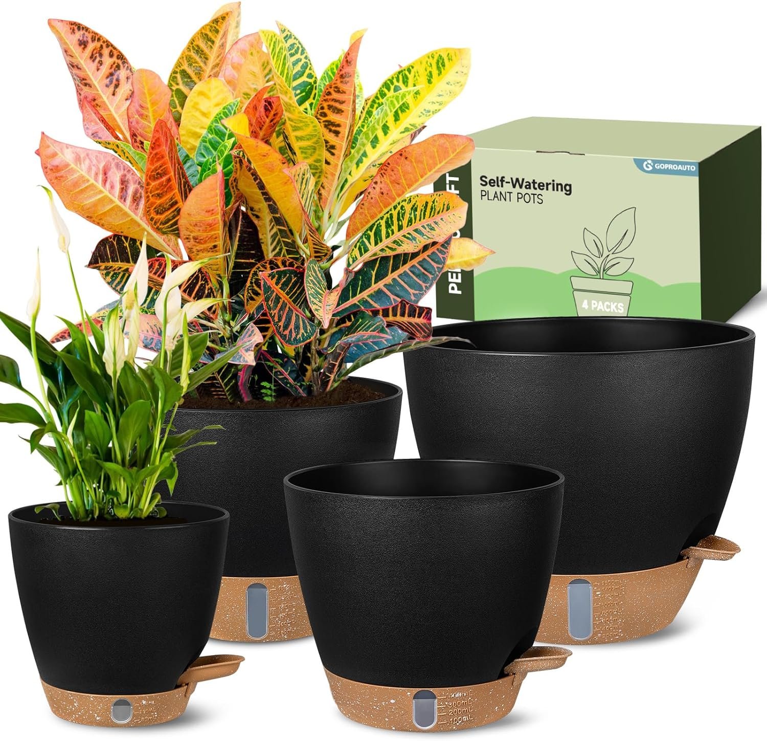Self-Watering Pots for Indoor and Outdoor Plants 4 Pack, 6/8/10/12 Inch Planters with Water Level Indicator & Deep Reservoir, Decorative Flower Pots for Home Decor