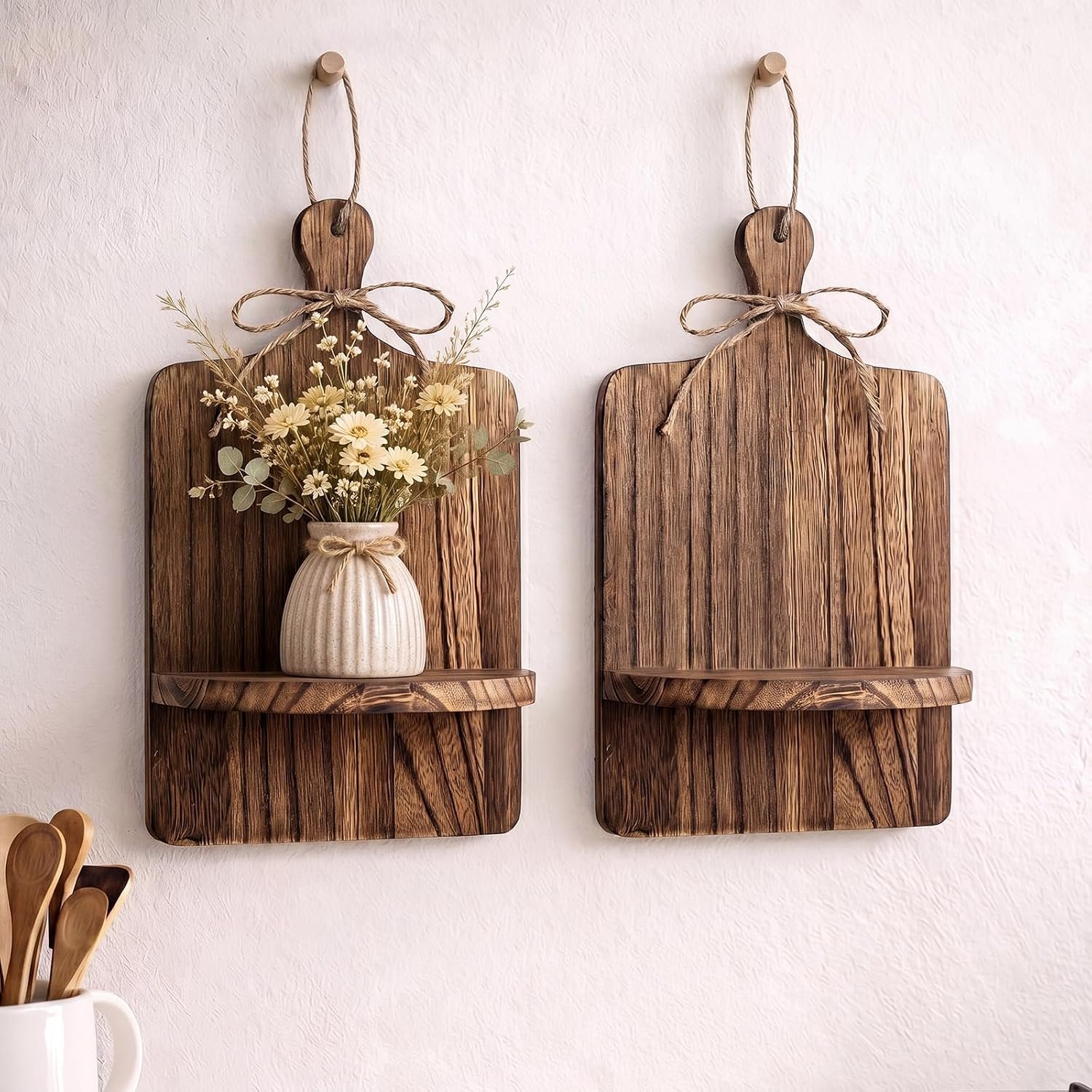 Pinkunn 2 Pack Rustic Floating Shelves Farmhouse Hanging Shelves Cutting Board Wooden Wall Shelf with Jute Rope Distressed Farmhouse Wall Art for Living Room, Bathroom, Bedroom
