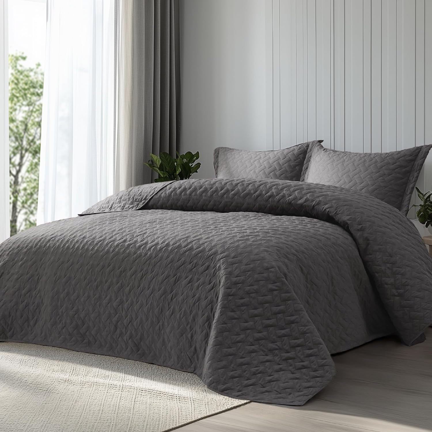 Bedsure Quilts Queen Size – Grey Bedspreads Queen Size with Basket Weave Pattern, Soft Quilt Bedding Set, Lightweight Comforter Set Coverlet for All Seasons with 2 Pillow Shams (90″ x 96″)
