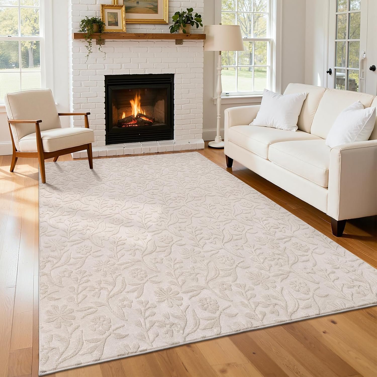 5×7 Area Rug for Living Room, Beige Throw Carpet for Bedroom | Soft Fluffy Washable Modern Floral Indoor Floor Mat, Non Slip Shaggy Boho Nursery Rug for Dining Room, Office and Dorm
