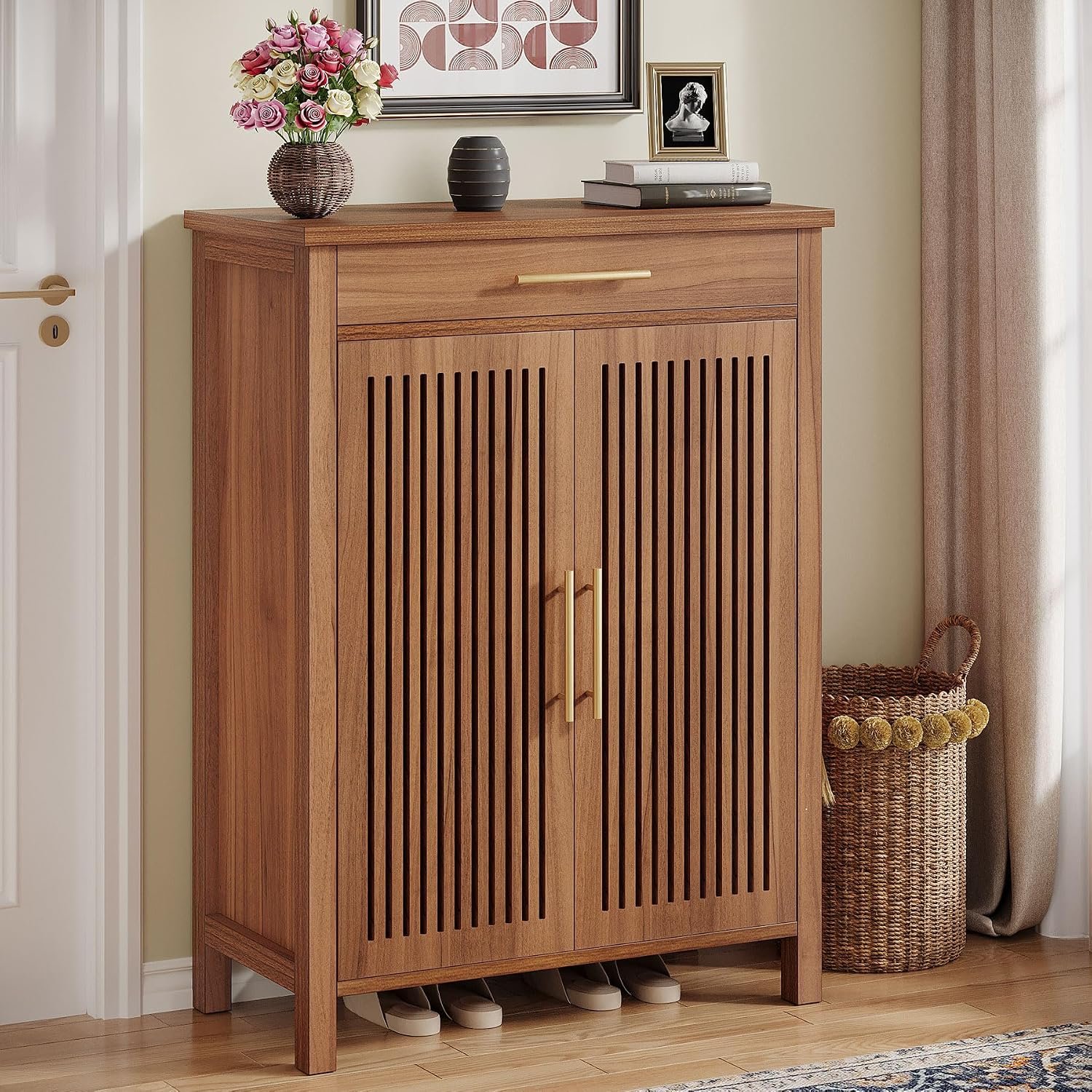 Tribesigns 5-Tier Shoe Storage Cabinet with Adjustable Shelves, Brown | Louvered Doors and Drawer, Freestanding Wooden Shoe Rack, For Entryway, Hallway, Closet