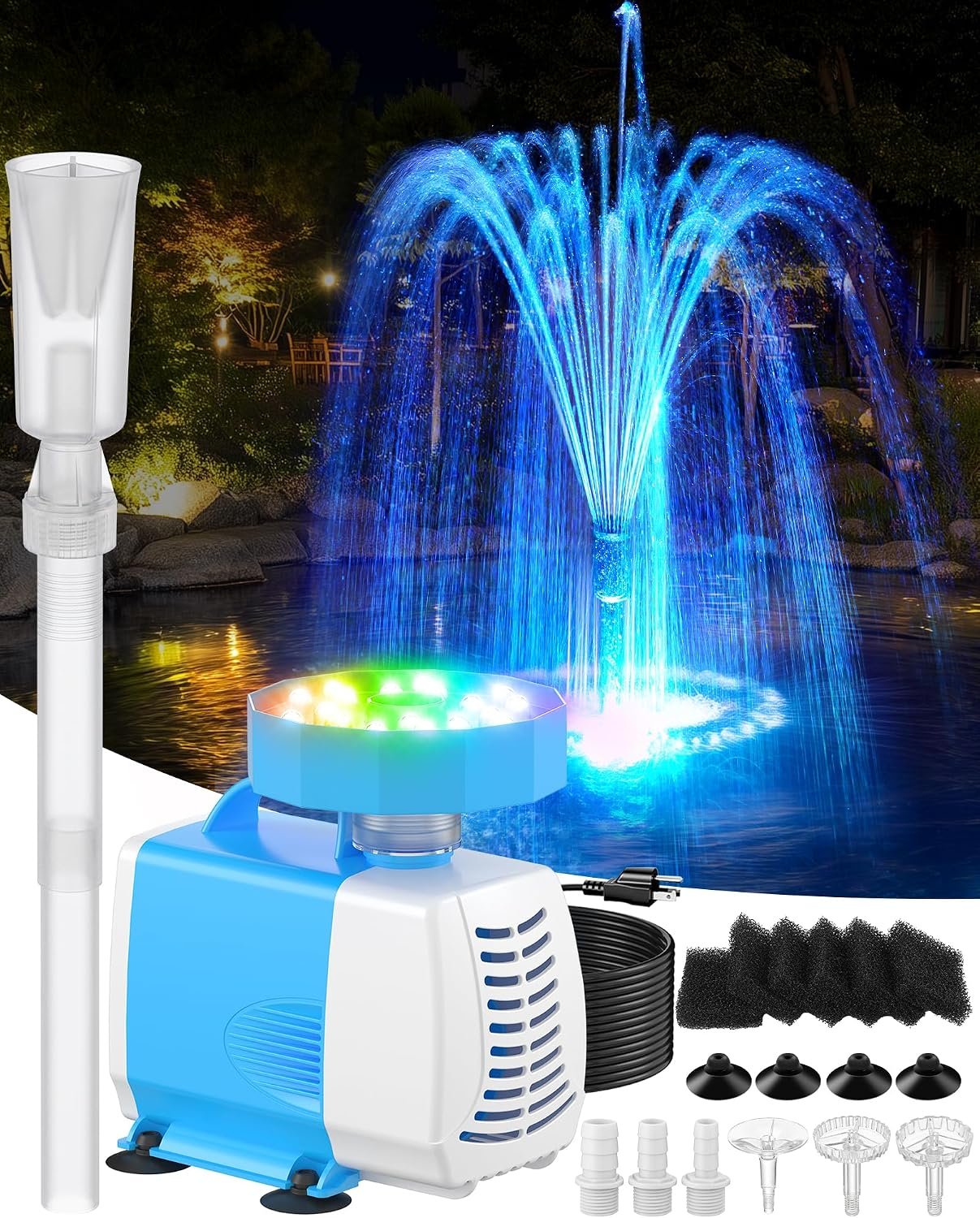 Submersible Pump RGB Pond Filter System Kits,3-in-1 Pond Filter Fountain with Colorful Light,660GPH Ponds Filter Box,Multi-layer Filtration, Applicable to Garden Fish Pond,Water Feature-bule