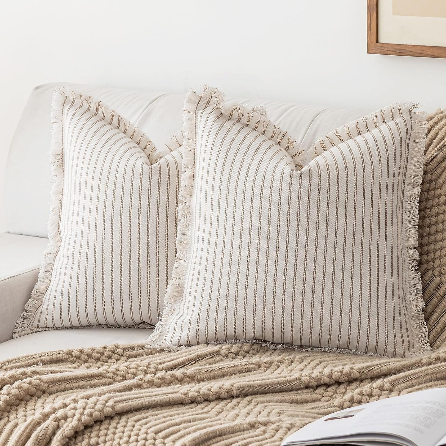 YEENAASY Throw Pillow Covers 18×18 Boho Striped Pillow Cases with Tassel | Set of 2 Fringe Pillow Cover Farmhouse Cushion Covers Neutral Pillows Decorative Square Pillowcase for Couch Sofa Bed, Khaki