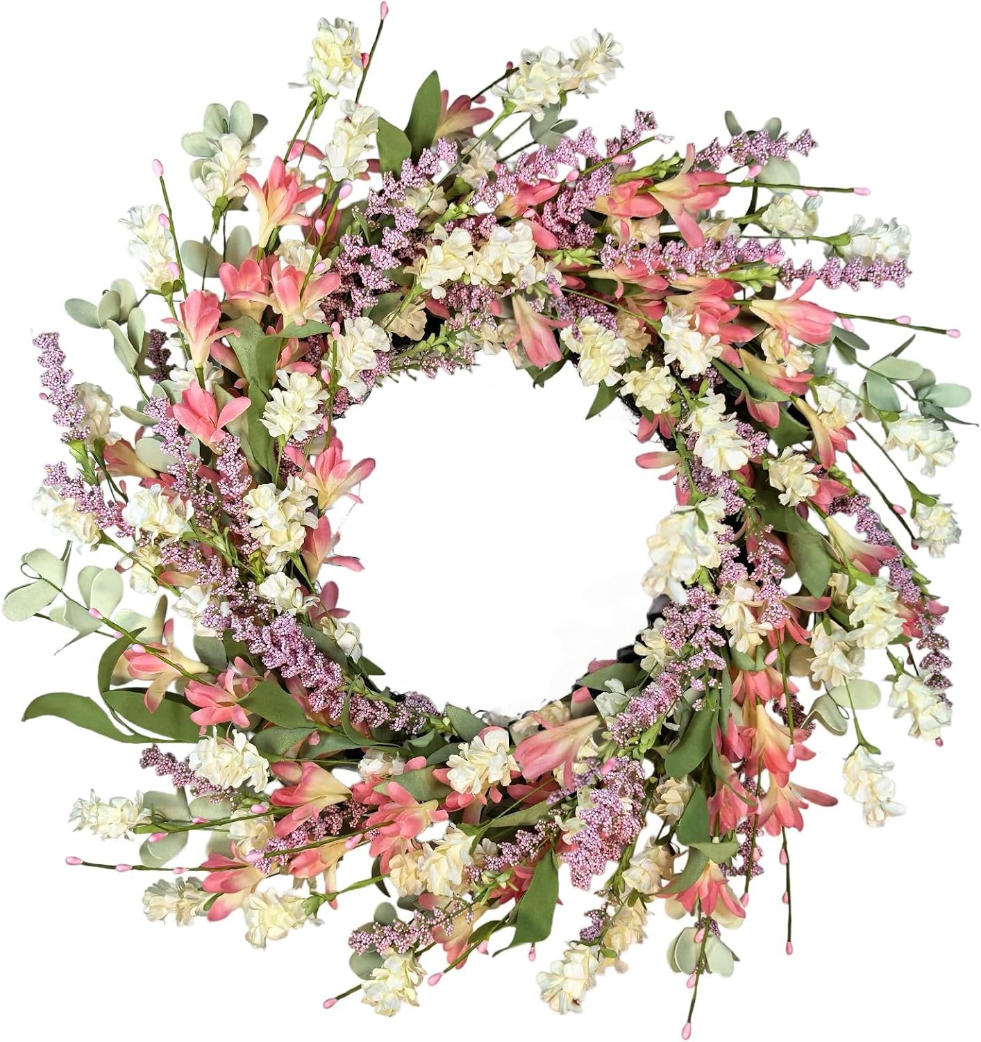24 Inch Spring Summer Wreath for Front Door – with Colorful Flowers & Green Leaves – Indoor Outdoor Farmhouse Porch Window Wall Decor, All-Season