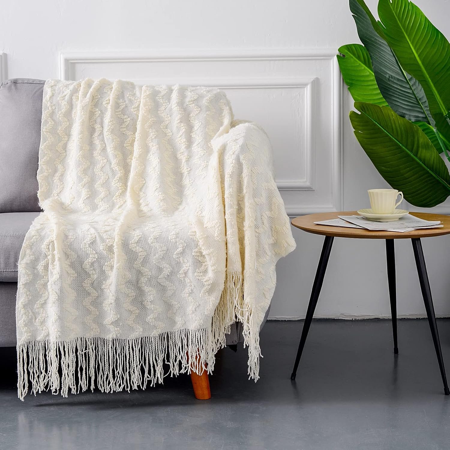 LALIFIT Knit Throw Blanket 100% Acrylic Lightweight Decorative Blankets with Tassels 50×60 Inch Solid Soft Throw Cover for Couch Sofa Bed Home Decor (Corn Beige)