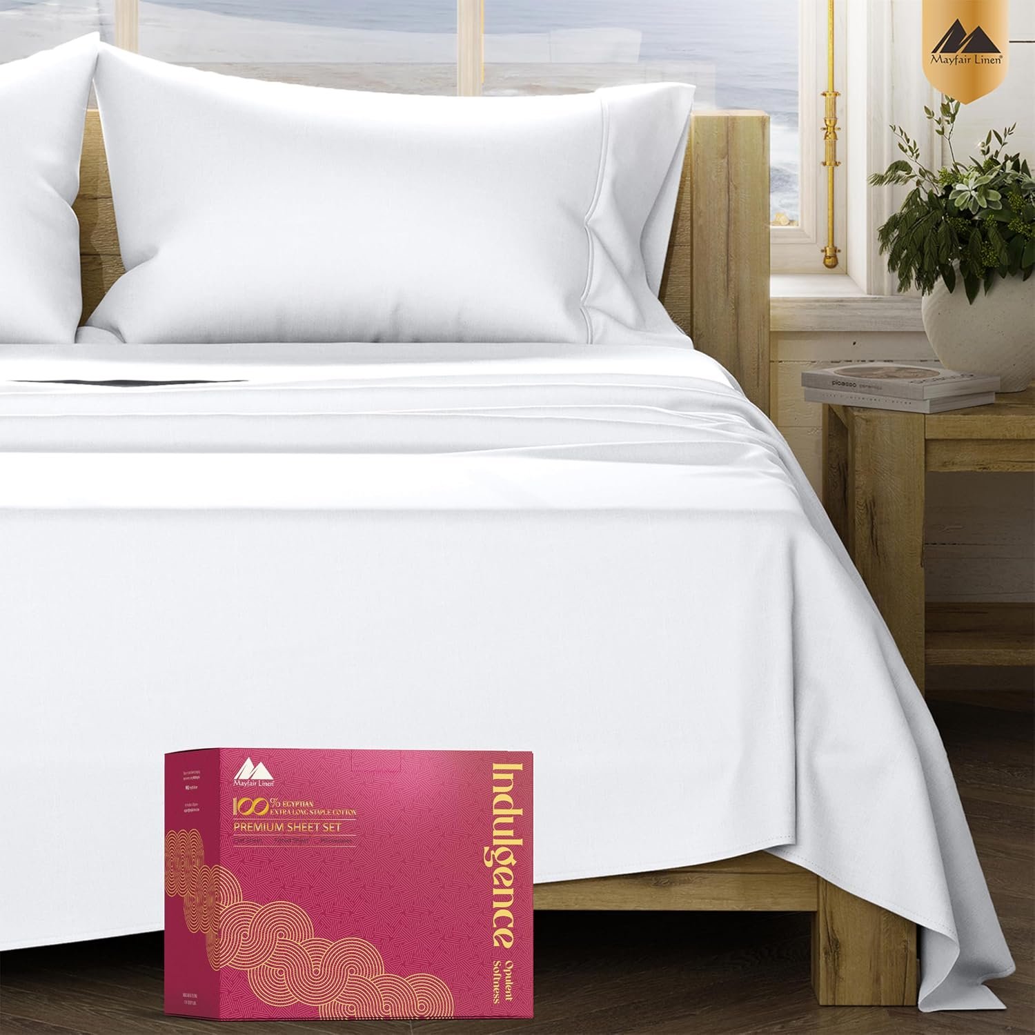 Mayfair Linen Egyptian Cotton King Sheets – Luxury 1200 Series High Thread Count Bed Sheets (4 PC, White), Silky Soft, Cooling & Breathable, Sateen Weave, 17″ Deep Pocket Hotel Quality Bedding