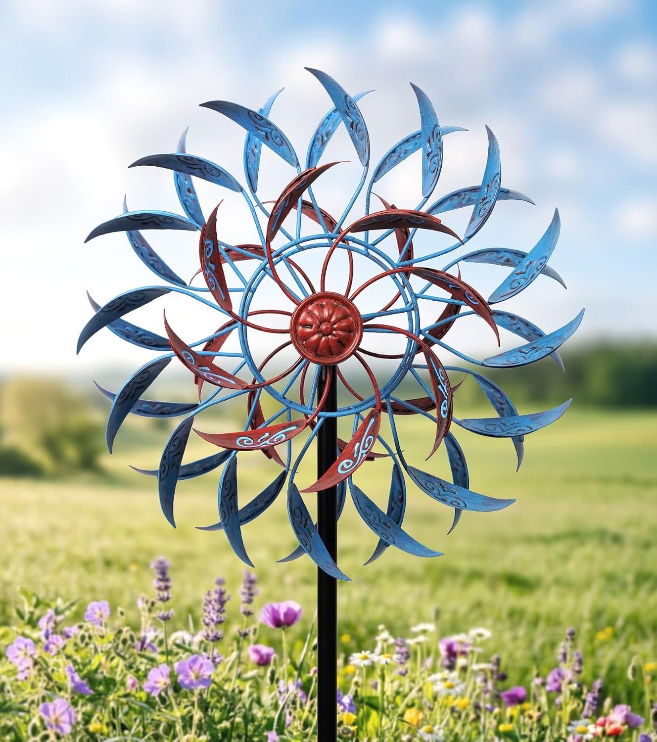 4 Layer Wind Spinner Metal Vine Scroll Kinetic Garden Yard Art Decor | Hand-Crafted Art, 4-layer vine scroll metal spinner, Whisper-quiet dual rotation, Adjustable height stake