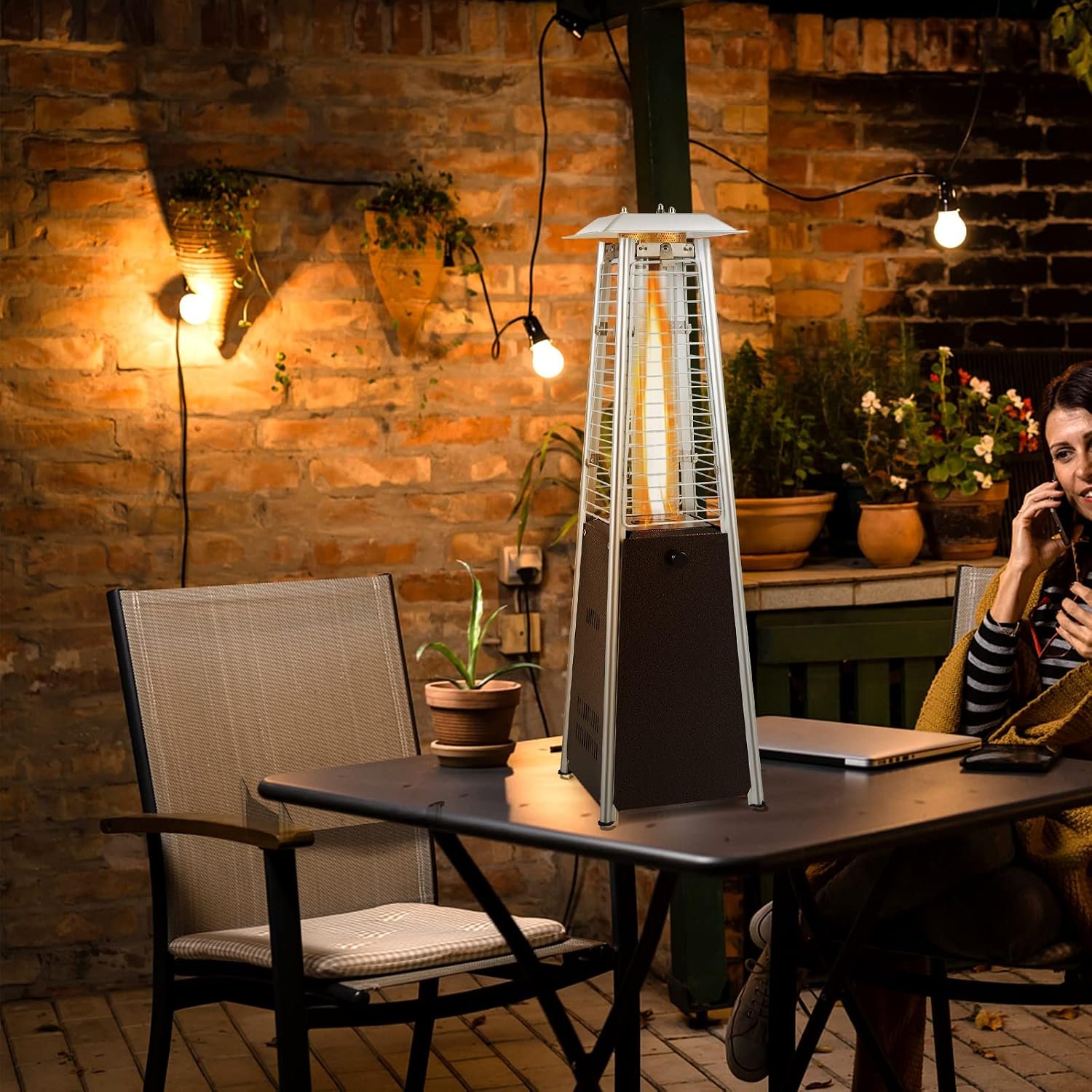 Tangkula Portable Patio Heater, 10,000 BTU Outdoor Tabletop Heater with Stainless Steel Burner, Tip-Over & Flameout Protection, 34″ Pyramid Mini Outdoor Heaters for Patio, Porch, Deck (Bronze)
