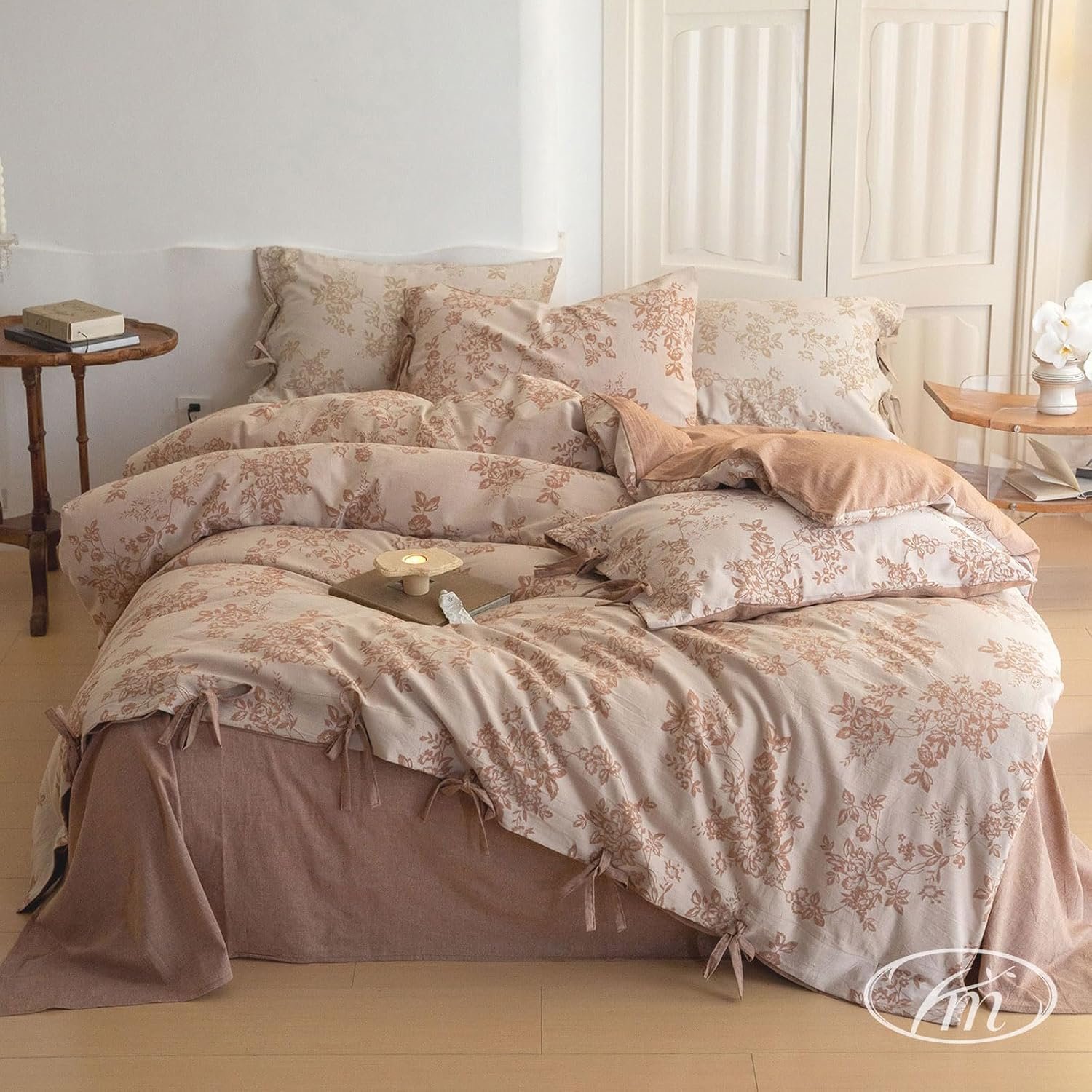 VM VOUGEMARKET Chic Floral Duvet Cover Queen,Yarn-Dyed Cotton Jacquard Textured Duvet Cover with Bowknot Retro Monet Style Bedding Set-90″x90″,Pumpkin
