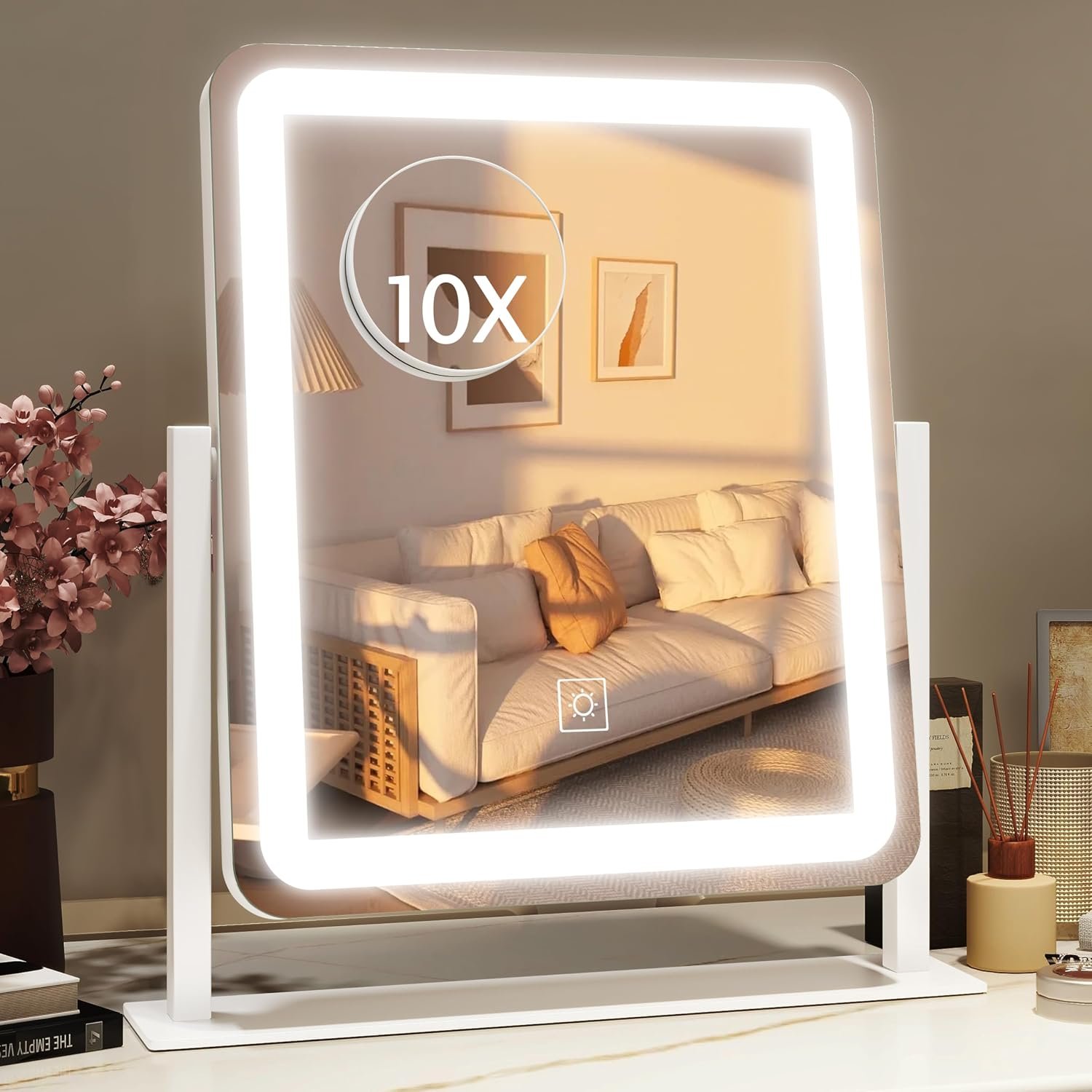 HNV Lighted Vanity Mirror 15″x13″ — Dimmable Makeup Mirror with Lights, 3 Color Smart Touch Control, 360° Rotation, HD Glass Aluminum Frame, Tabletop for Bedroom Vanity Dorm