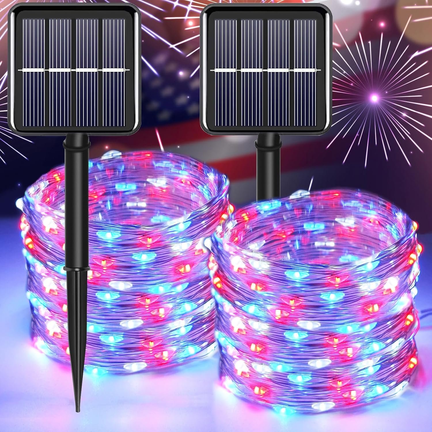 Patriotic Decorations, Red White Blue Solar Fairy String Lights | 2 Pack Total 200LED 66Ft Outdoor IP67 Waterproof, 8 Mode Outside for Memorial Day, 4th of July, Labor Day Garden, Patio, Yard