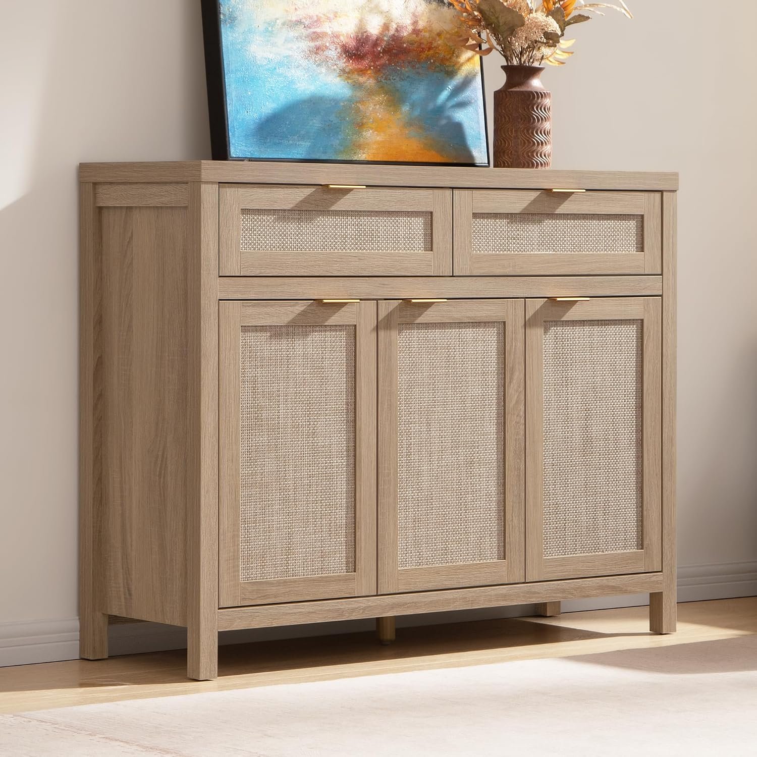 SICOTAS Rattan Sideboard Buffet Cabinet with Storage, Boho Credenza Accent | Storage Cabinet with 3 Doors and 2 Drawers, Farmhouse Console Coffee Bar for Kitchen, Living Room, and Entryway, Light Oak