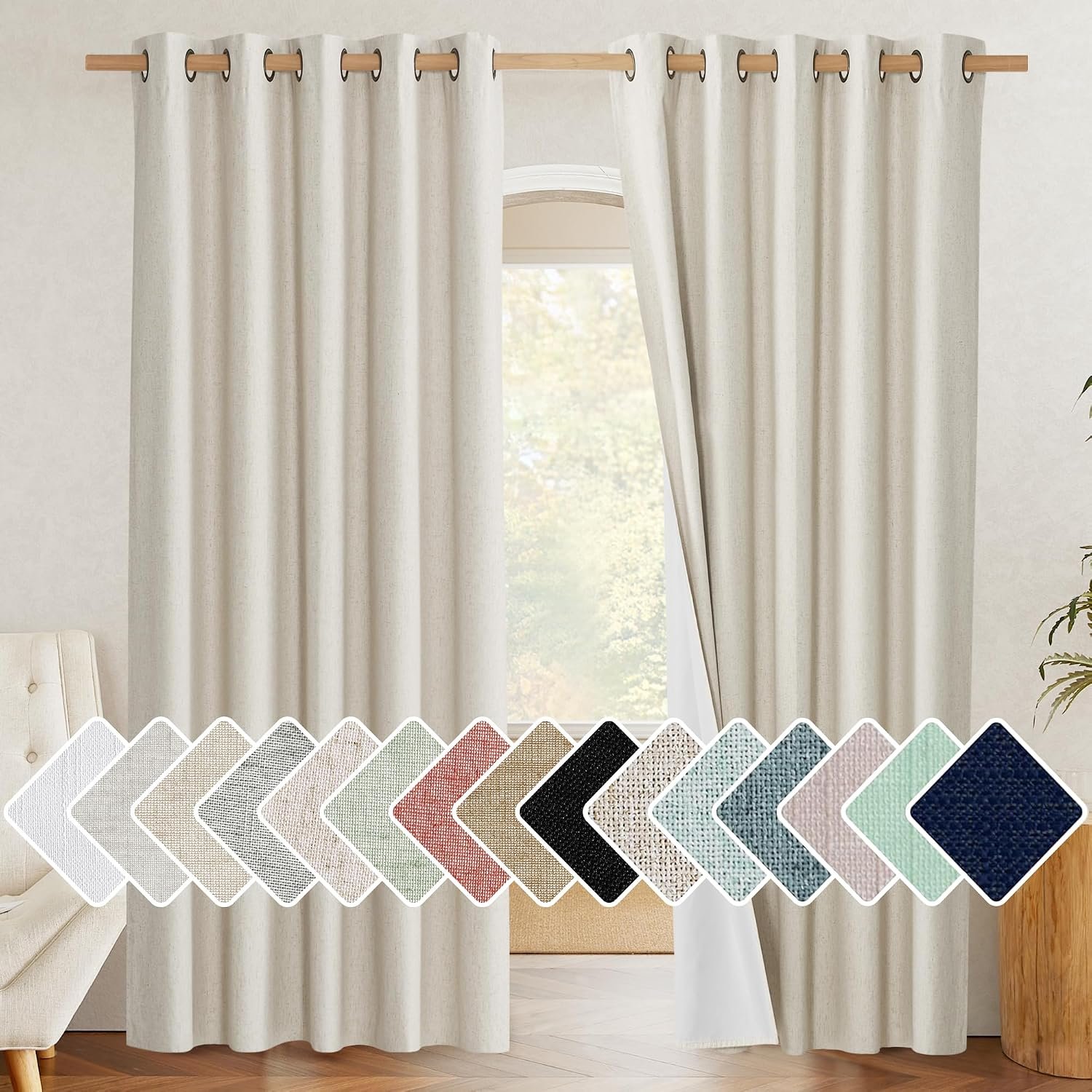 NICETOWN Natural 100% Blackout Linen Curtains 84 inch Long Burg for Living Room, 1 Pair, 62″ Width Each Panel, Farmhouse Thick Completely Blackout Window Treatment Thermal Insulated Drapes