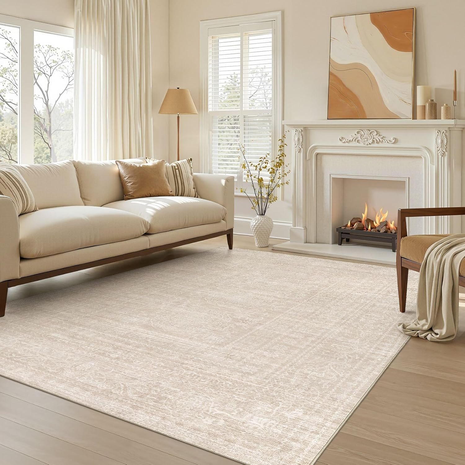 Nakagishi 5×7 Area Rugs Living Room: Washable Large Vintage Rug Neutral Non-Slip Soft Stain Resistant Indoor Carpet for Bedroom Nursery Dining Room Office Playroom – Beige
