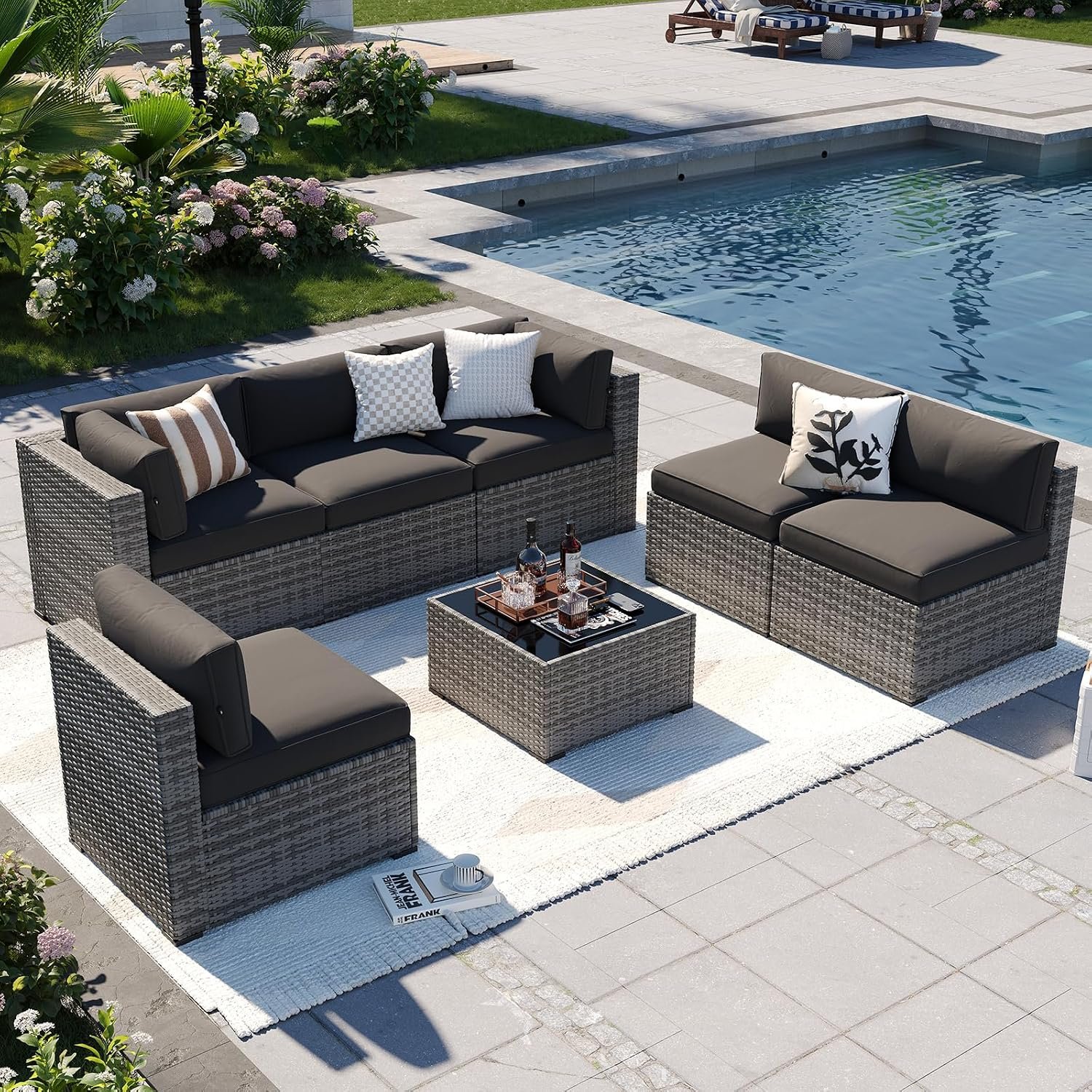 Aoxun Patio Furniture Sets, 7-Piece Outdoor Patio Furniture with Thick Cushions, Wicker Outdoor Conversation Set Sectional Sofa for Backyard, Poolside, Garden (Black-Grey, 7 x 25.6 – Seats)