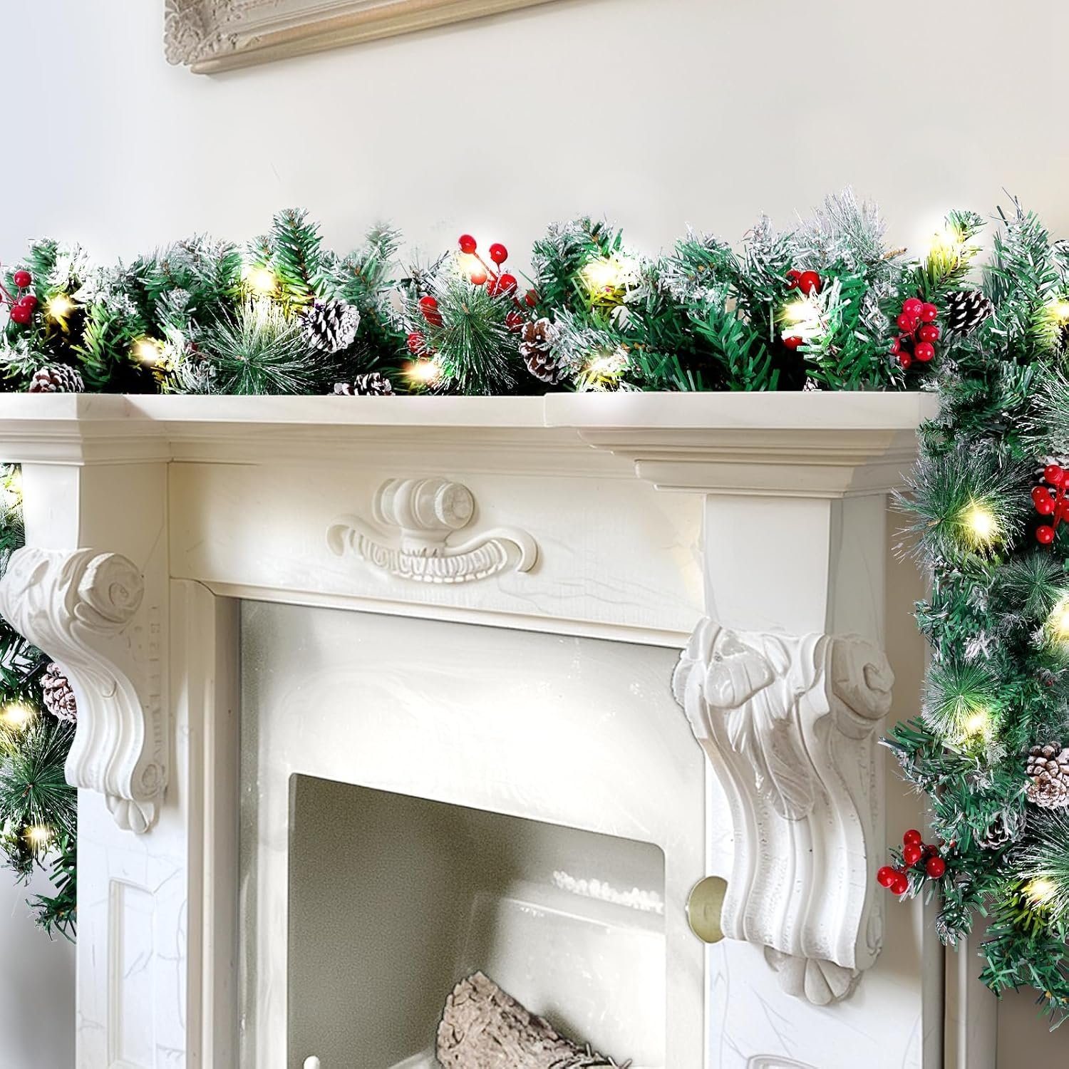 BlessedSeason 9FT Christmas Garland with Lights, Timer Artificial Lighted Garland Indoor for Stairs, Fireplace, 50 Lights Green Garland, Christmas Decoration with Cones & Red Berries & Pine Needle