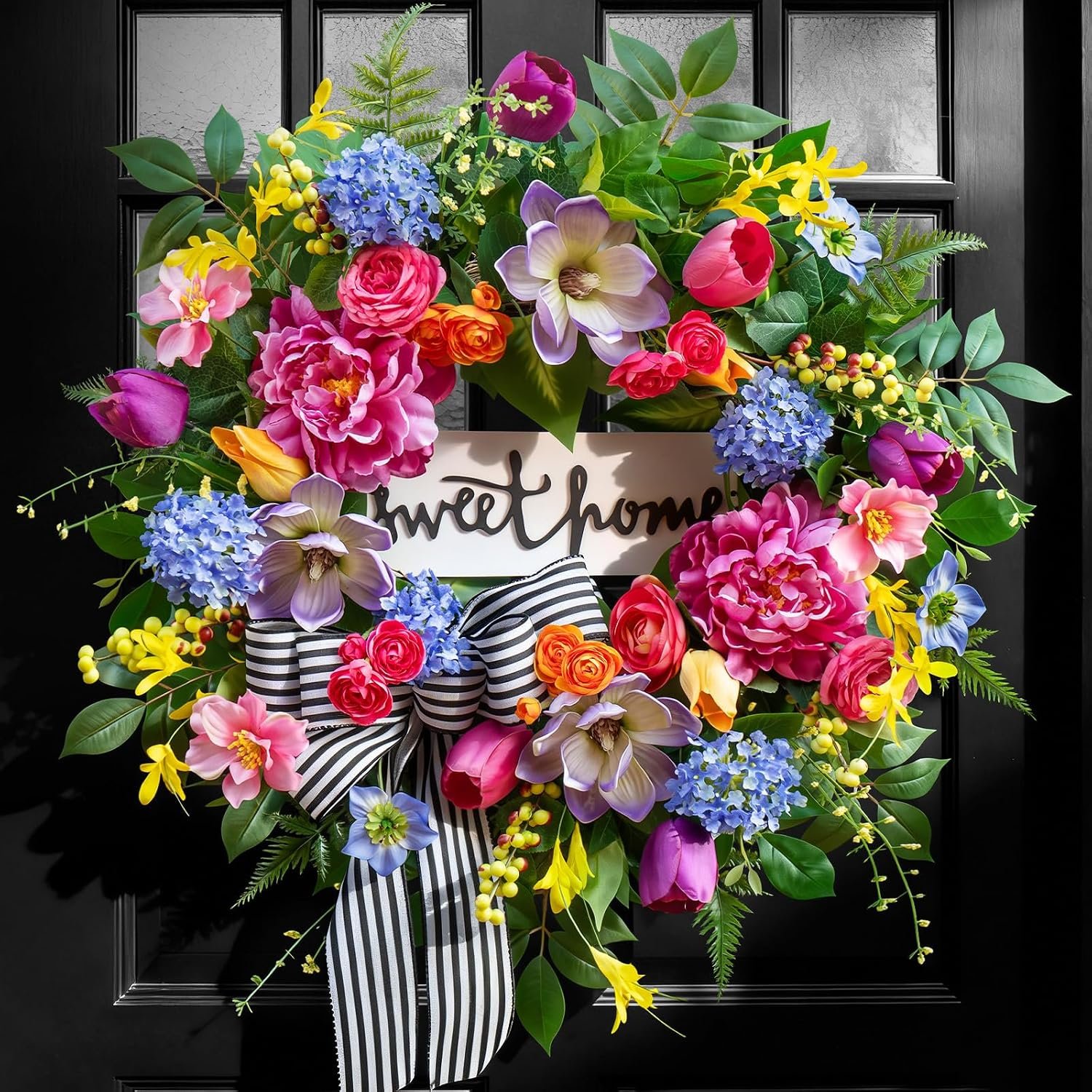 Pinkpuii Spring Wreaths for Front Door Outside– 24 Inch Spring Door Wreath with Pink Peonies, Roses,Blue Hydrangeas&Yellow Tulips,Colorful Welcome Summer Wreaths for Front Door Porch & Entryway Decor