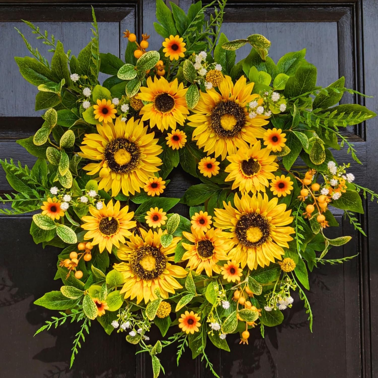 Sunflower Wreath for Front Door, 24 Inch Spring & Summer Wreath with Lifelike Sunflowers, Handmade Outdoor Wreath for Front Door, Spring Home Decor