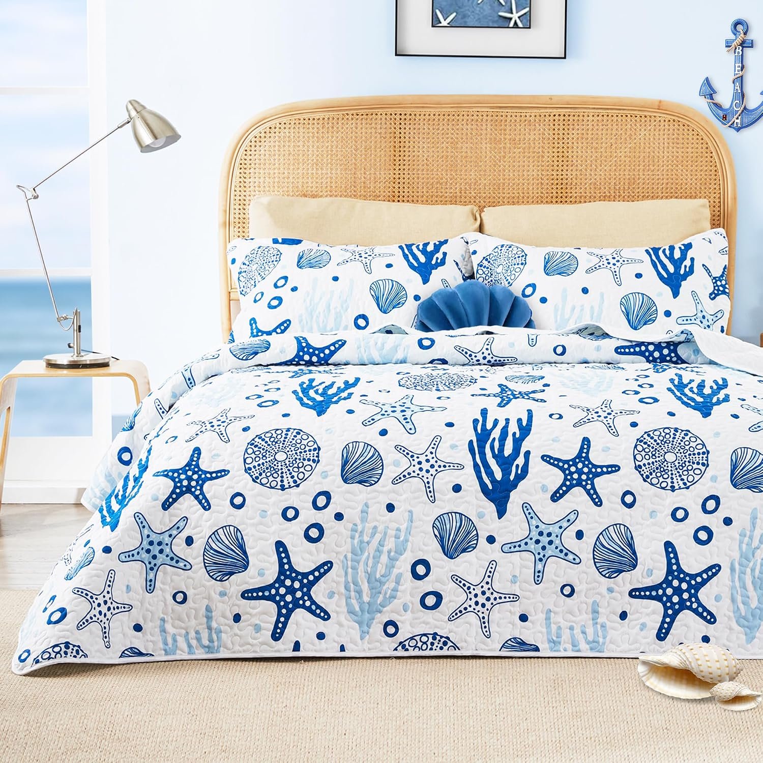 Love’s cabin Quilts for Queen Coastal White Bedspreads Bedding Set – Summer Beach Nautical Quilt Lightweight Bedspread – Reversible Bedding Coverlet for All Season – 3 Piece